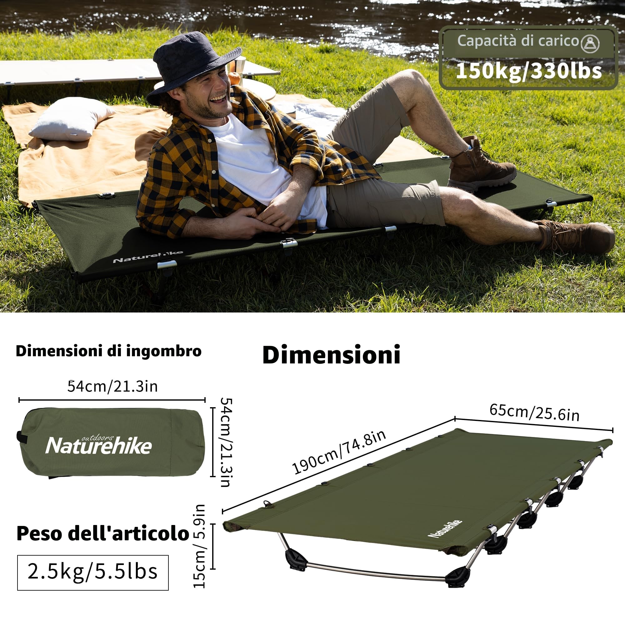Naturehike Letto da Campeggio Pieghevole Compatto,Ultraleggero Portatile per Alpinismo Pesca Giardino Campeggio Ufficio,Carico Massimo 150 kg