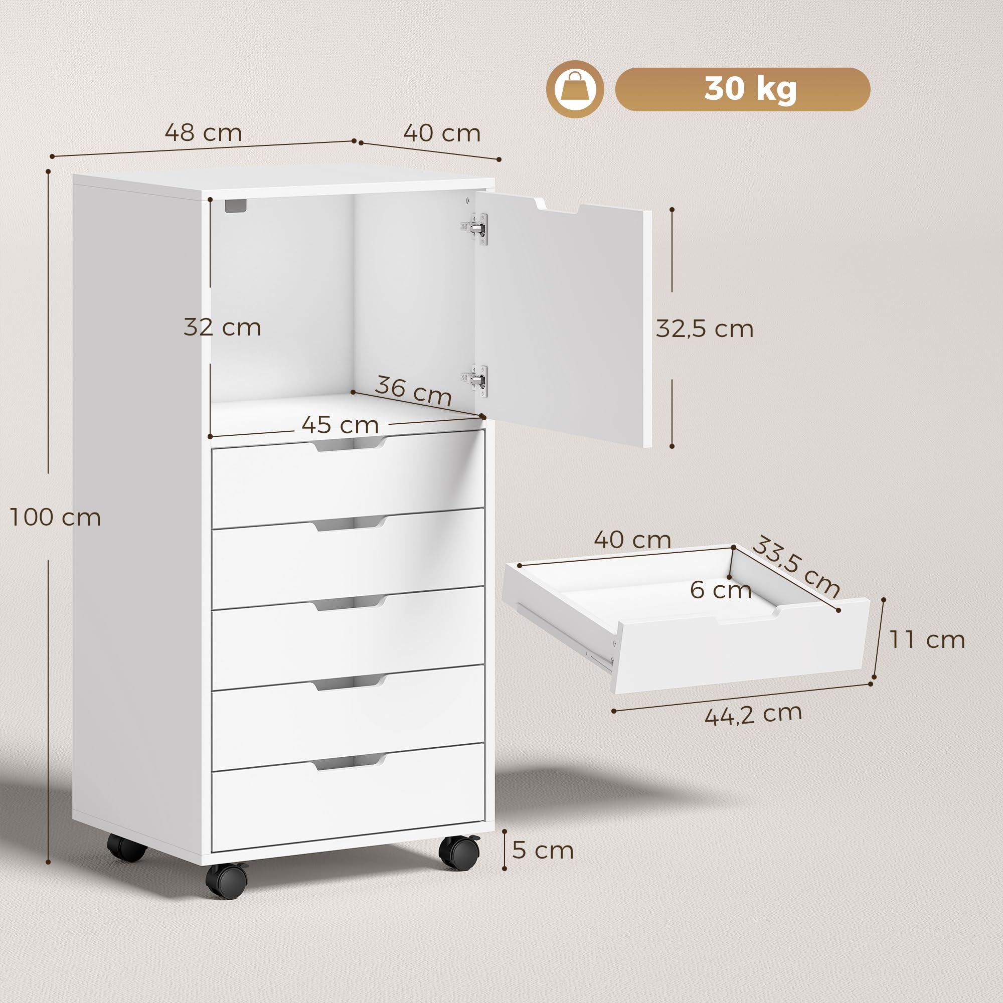 HOMCOM Cajonera Escritorio con 5 Cajones con Ruedas y Armario Blanco | Cajonera de Oficina, Cierre Suave, Soporte para Impresora, Mueble Archivador, para Oficina en Casa
