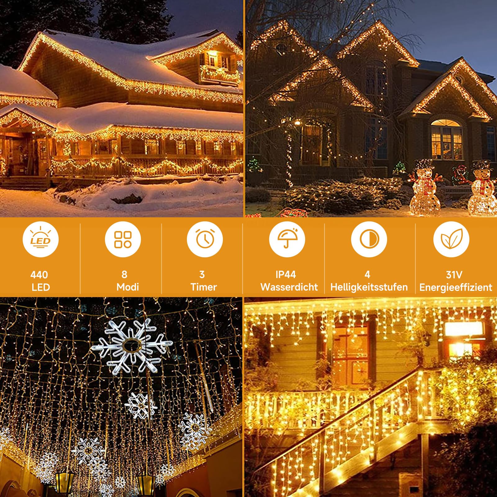WOWDSGN LED Eisregen Lichterkette Außen, 20M 880LED Eiszapfen mit Timer 8 Modi IP44 wasserdicht Strombetrieben, Lichtervorhang für Weihnachten Dachkante Dachrinne Terrasse Balkon Warmweiß