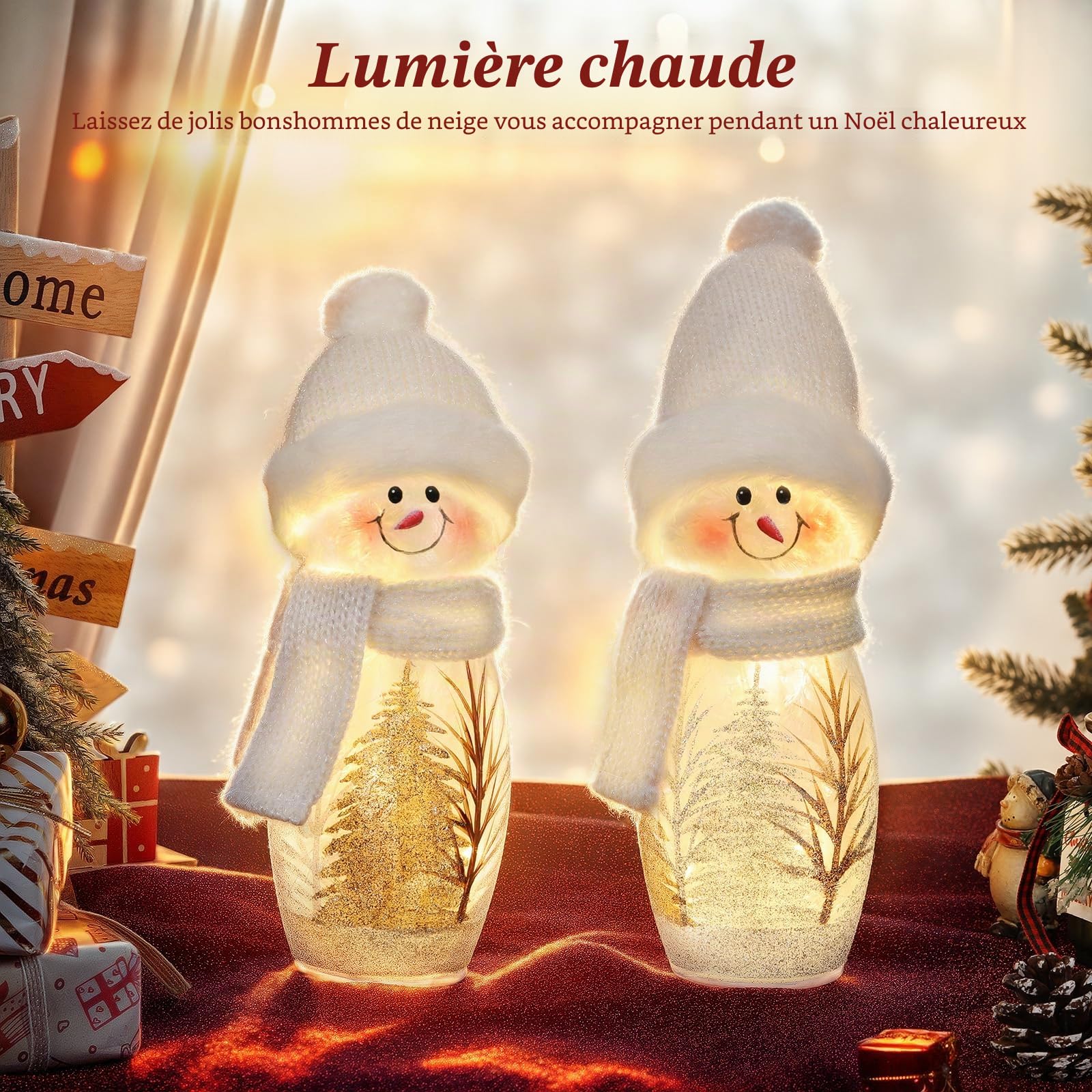 Lewondr 2PCS Décorations De Table De Noël, 9,45" Figurines De Bonhommes De Neige Lumineuses, Bonhommes De Neige en Verre Craquelé De Noël avec Écharpes Et Bonnets Tricotés pour La Maison