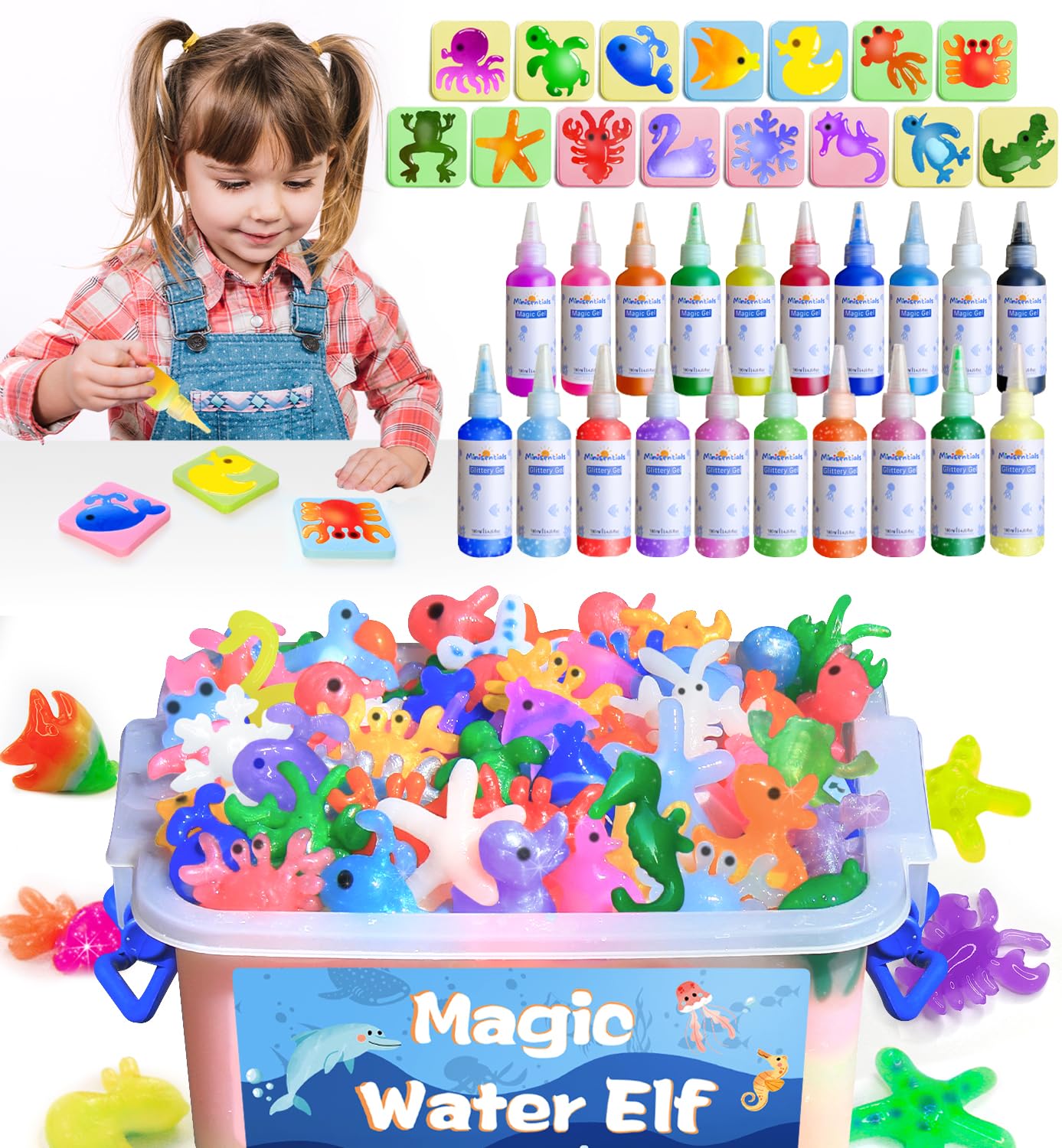 MINISENTIALS Magic Water Elf Toy Kit - 20 Colors Aqua Art Gel 100ml Jumbo Size Famliy Set - 15 Sea Creature Molds Magic Fairy Squishy Maker - Party Favor Birthday Christmas Gift for Kids