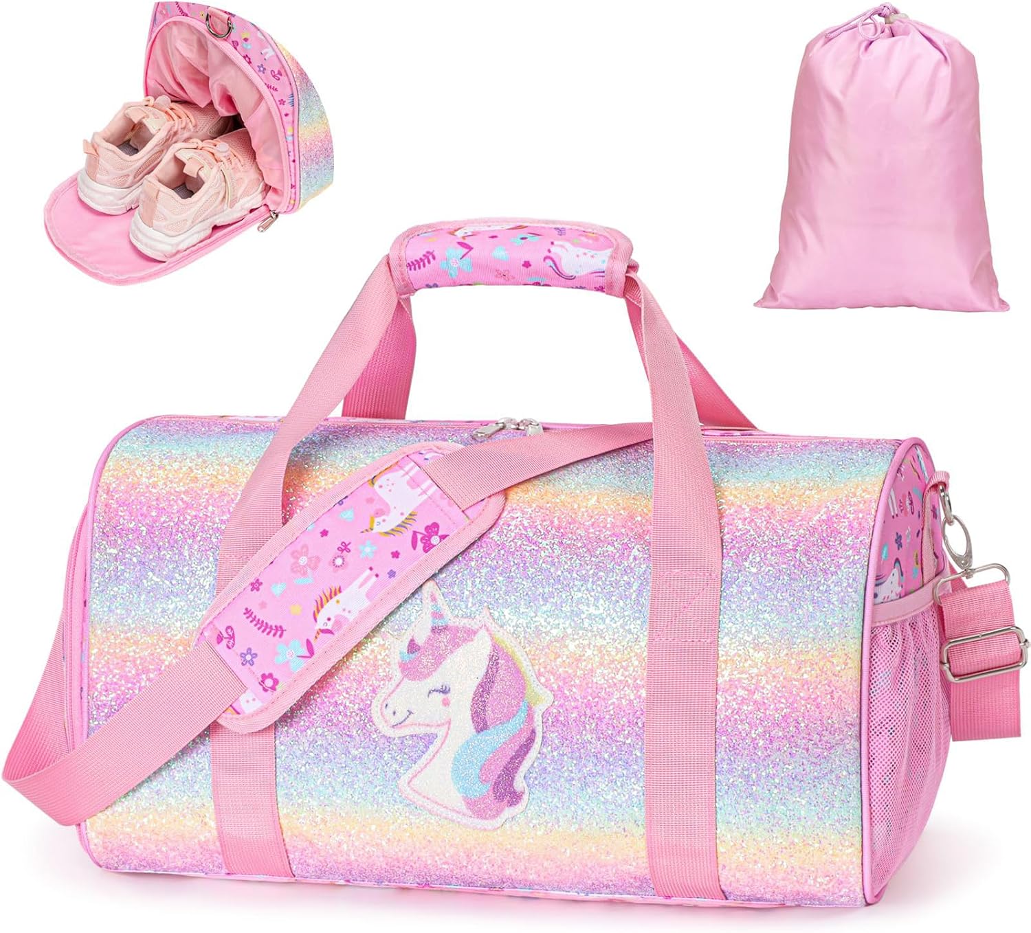 Kids Travel Duffle Bag - Girls Weekender Bag for 3-8 Year Olds with Adjustable Padded Strap and Shoe Compartment & Wet Pocket for Dance Ballet Gymnastics Overnight Sports(Pink Unicorn)