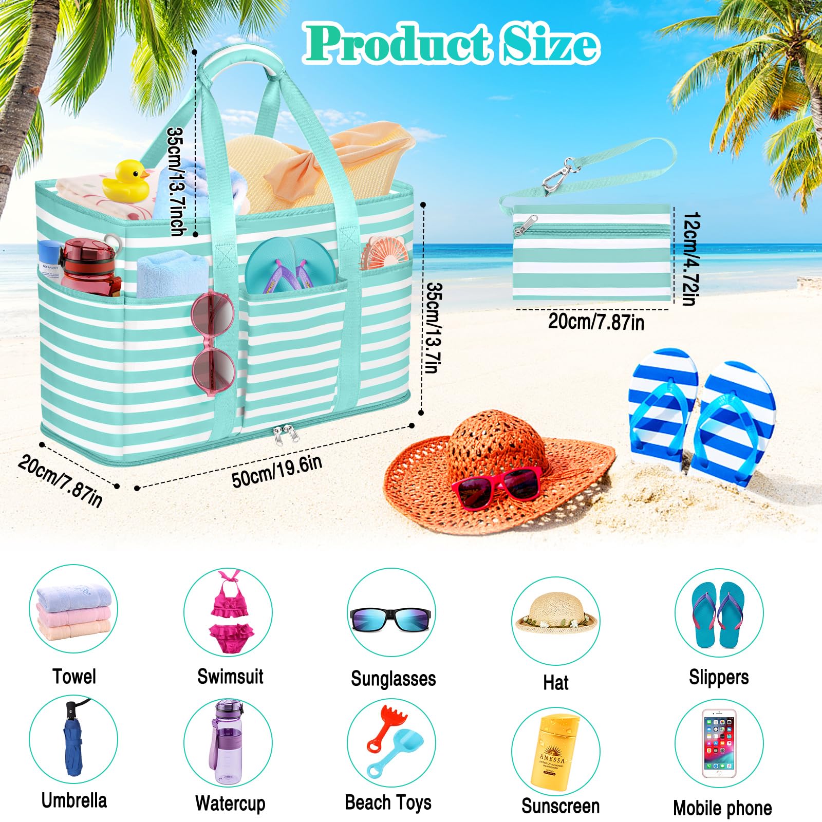 Bolsa de Playa Grande XXL Familiar con Cremallera - Bolso Shopper de Malla para Mujer - Tote de Hombro para Viaje, Compras, Gimnasio - 50x20x35cm