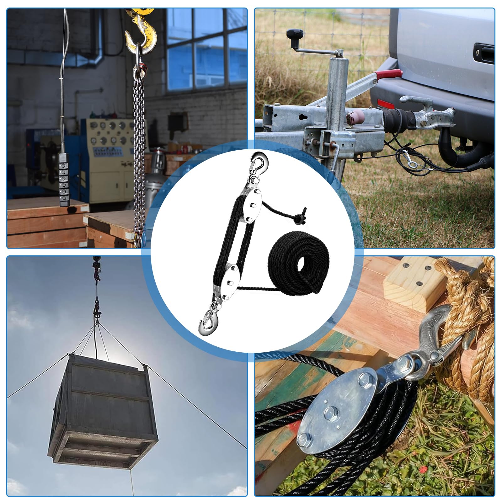 Poulie avec frein à câble - Économie de travail 8:1 - Capacité de levage avec corde de 20 m - 300 kg - Charge maximale pour la chasse, les entrepôts, les garages, le levage d'objets lourds
