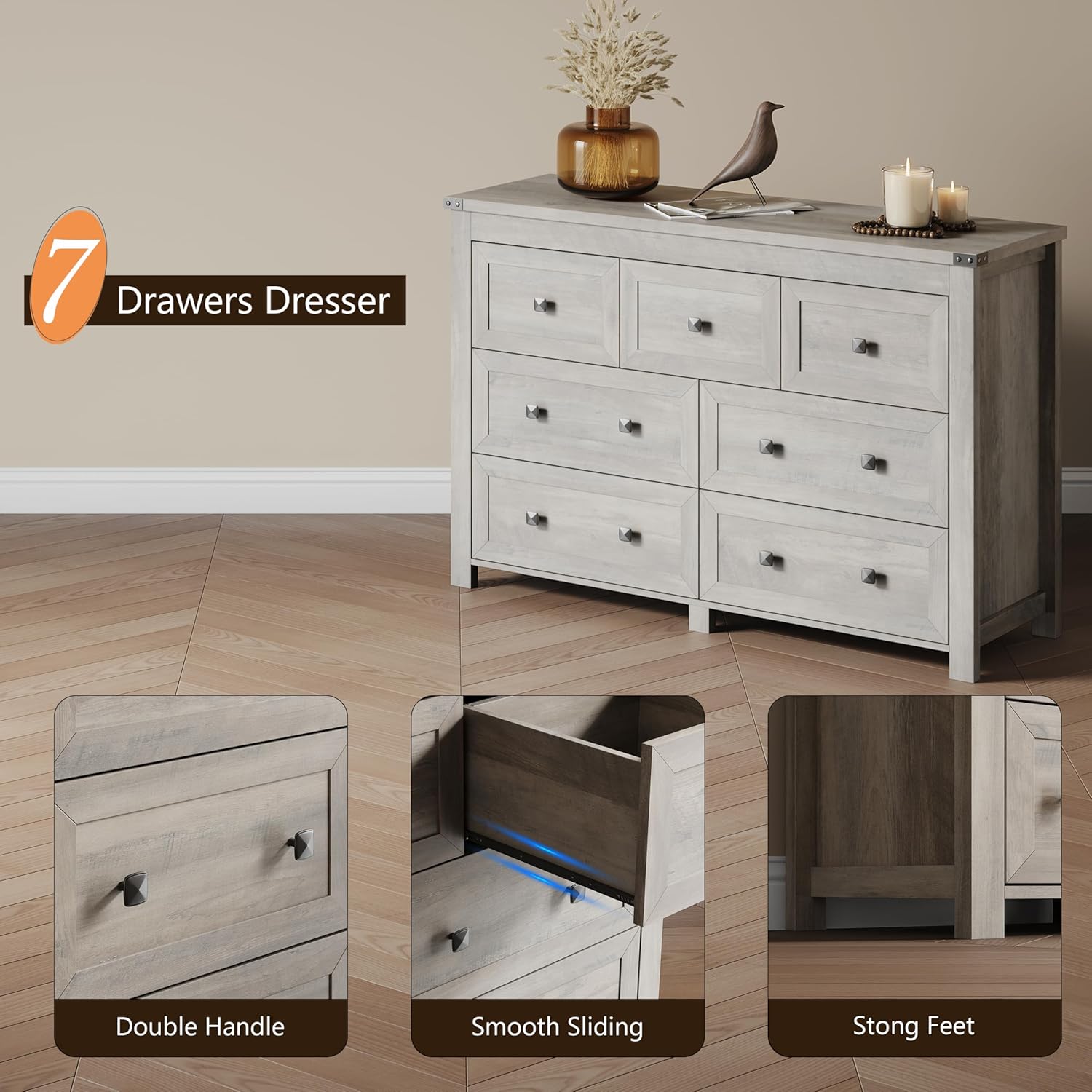 Dresser for Bedroom with 7 Drawers, Farmhouse Wood Chest of Drawers, Wide TV Stand Closet Storage Furniture with Metal Handle, Modern Clothes Organizer for Hallway, Living Room, Entryway, Light Grey