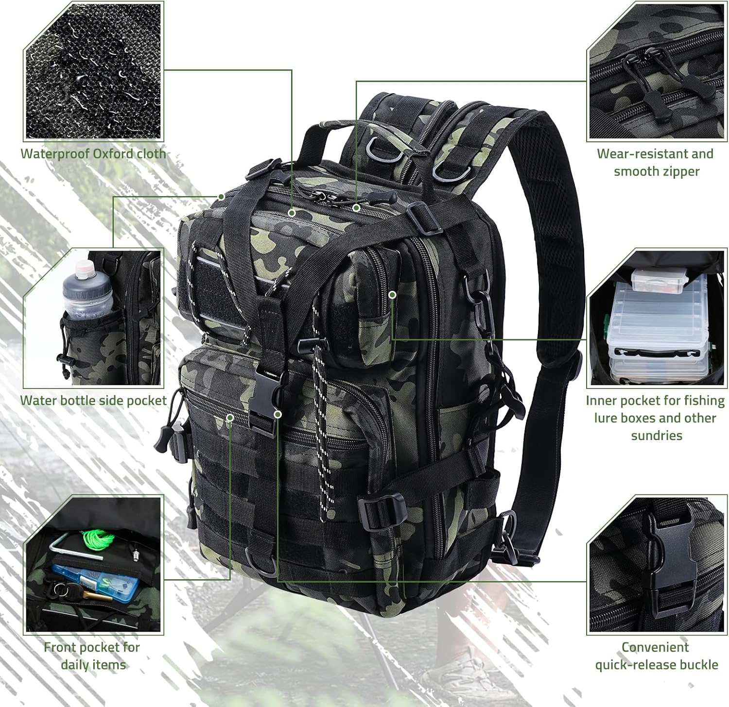 Fishing Tackle Backpack, Military Tactical Backpack Tactical Sling Backpack Bag Fishing Tackle Storage Bag Fish Gear Bag Molle Assault Pack Tactical Hiking Rucksack(Green)