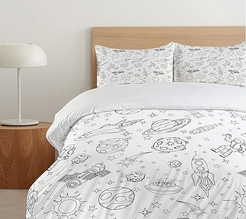 Miniatura 5 de Ambesonne Juego de funda de edredón de dibujos animados, diseño de astronautas del sistema solar, astronautas espaciales, estrellas fugaces, tema de