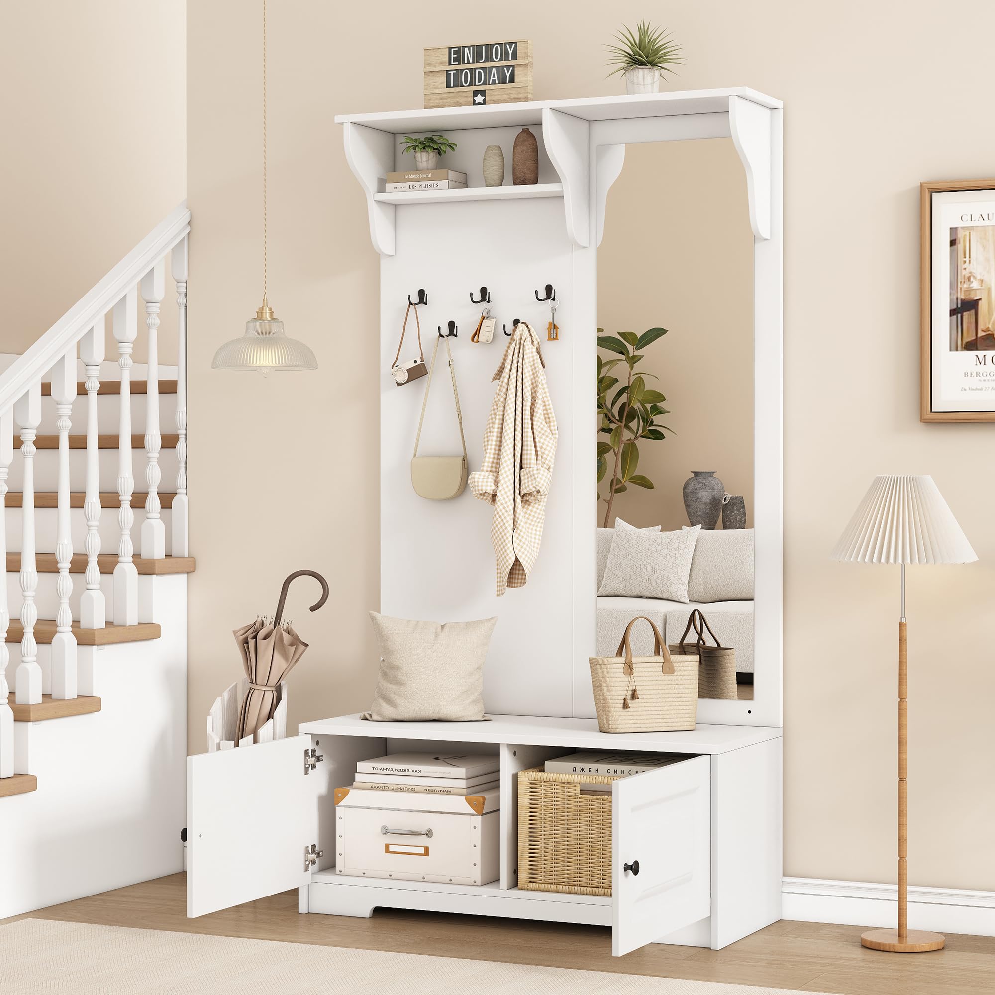 100 x 40 x 180 cm appendiabiti con specchio, 5 ganci per vestiti, 2 armadi e scaffali, appendiabiti con scarpiera, corridoio, guardaroba compatto, bianco