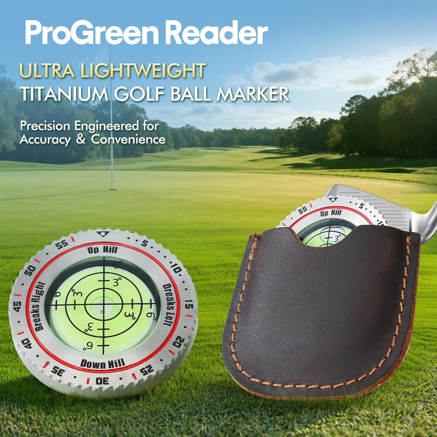 Titanium Steel Golf Green Reader with Genuine Leather Case - High Precision Bubble Level Golf Ball Marker & Putting Alignment Aid - Professional Golfers Gifts for Men Women