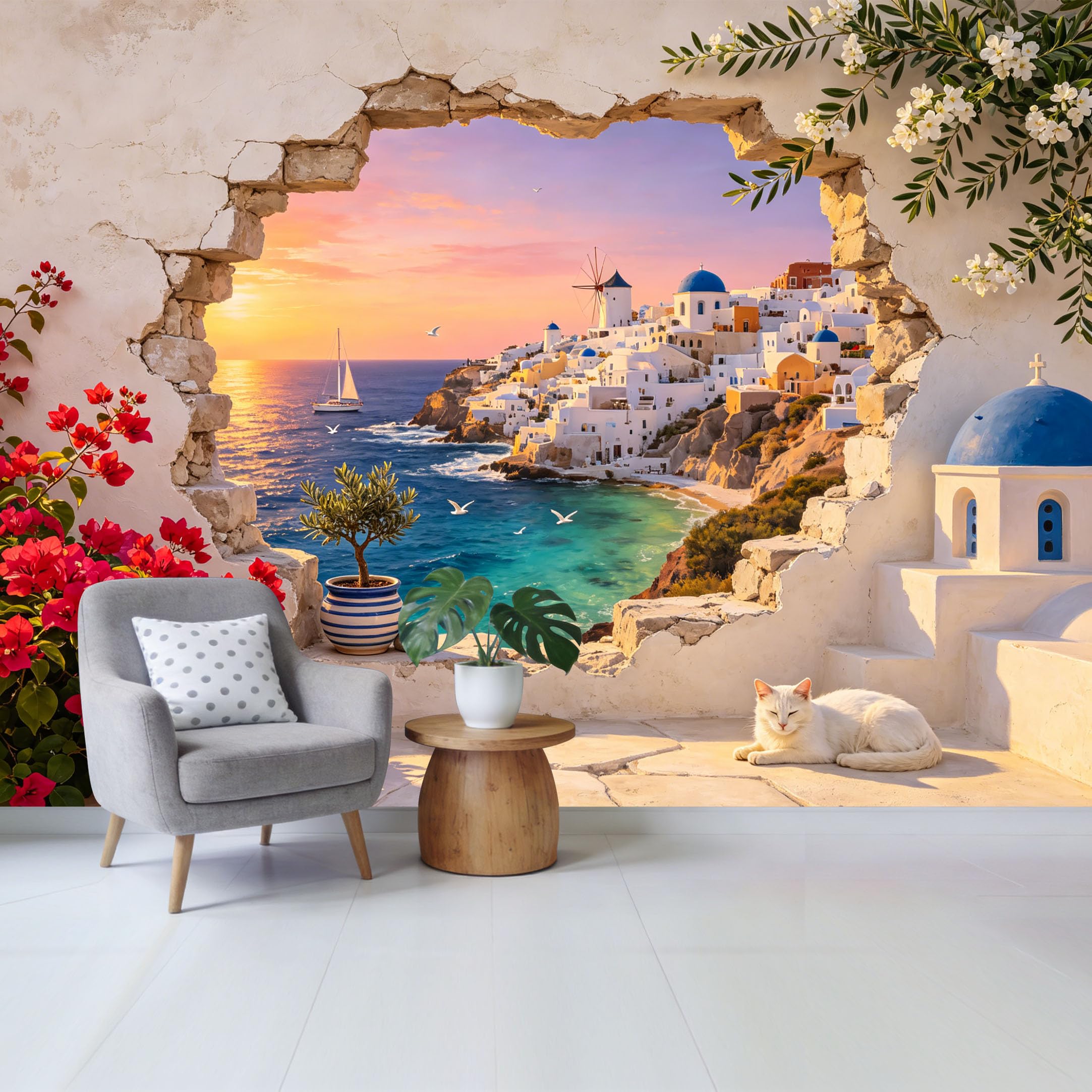 Custom Size Wall Mural Mediterranean Coastal Sunset Ocean View Greek Island Architecture Removable Self Adhesive Fabric Home Wall Decor for Living Room Bedroom Bathroom
