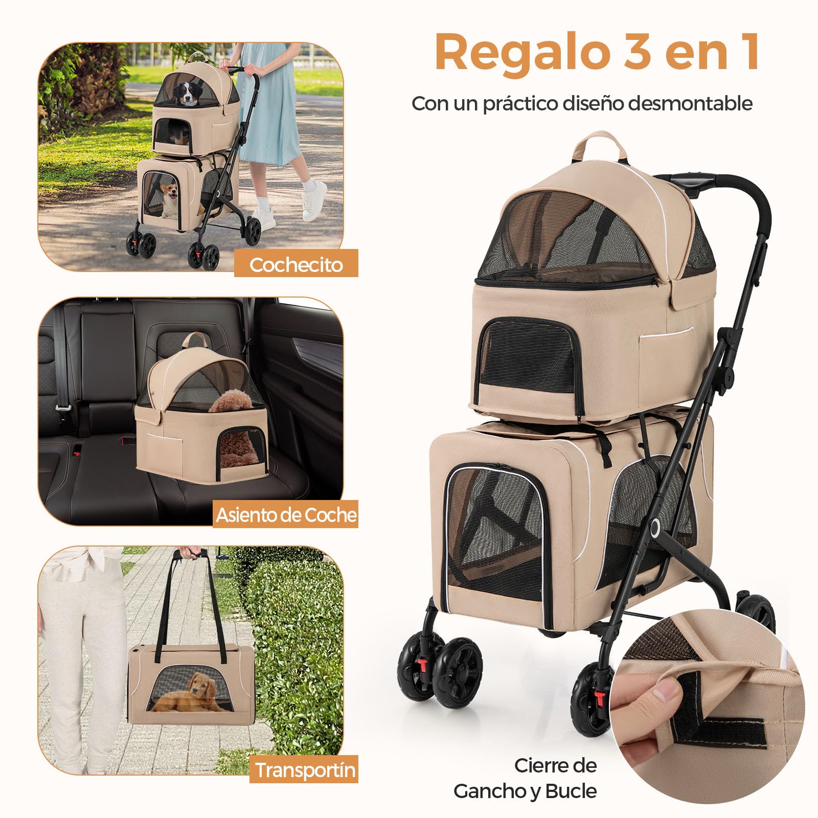 GOPLUS Carrito para Perros Plegable de 2 Niveles, Cochecito para Mascotas 3 en 1 con 2 Compartimentos Desmontables, Carro de Viaje para Gatos, Ruedas con Freno, Cojin Desmontable, 67×98×88cm (Beige)