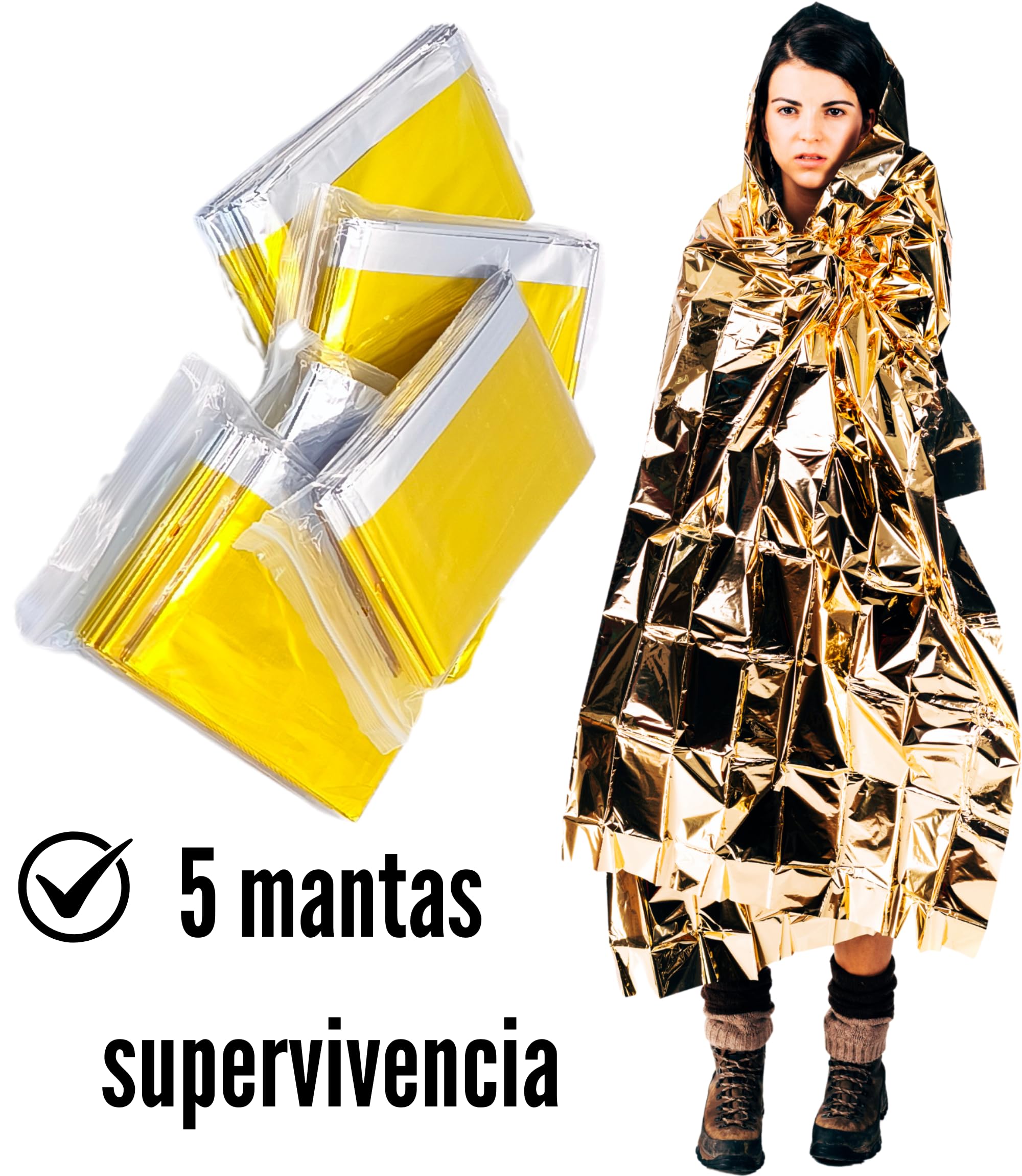 5 Mantas térmicas Supervivencia Emergencia Plata y Oro para frío y Calor Extremo Extralargas con Estuche Compacto Protector, Creado en España para Estar Seguro Ante Condiciones climáticas Adversas