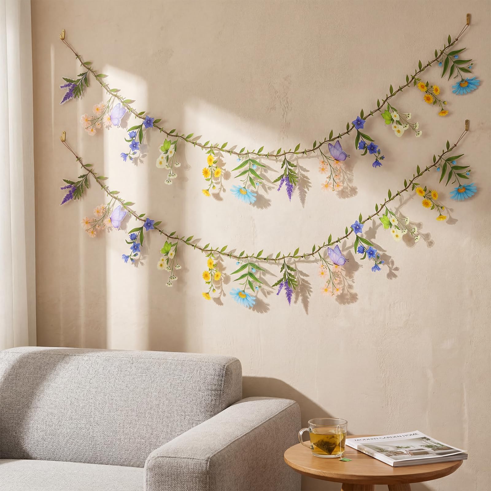 3Pcs Flower Banner,Reusable Wildflower Garland,2M Spring Floral Banner Bunting,Boho Flower Butterfly Birthday Banners,Floral Party Decorations for Weddings Wall Garden Home(Blue)