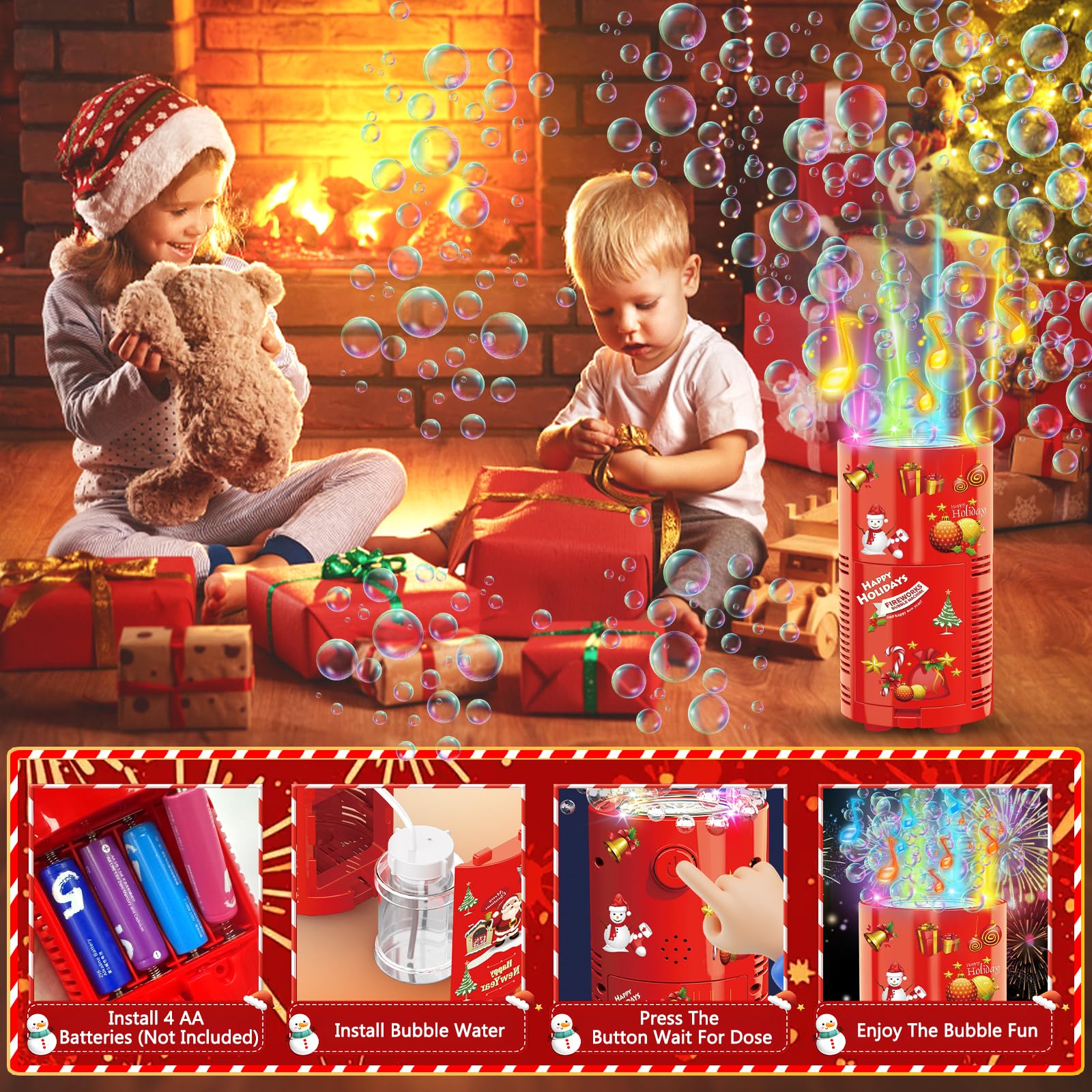 Máquina De Burbujas De 13 Agujeros Con Luces LED RGB Y Sonido De Fuegos Artificiales, Incluye Líquido Concentrado, Ideal Para Fiestas, Bodas Y Navidad