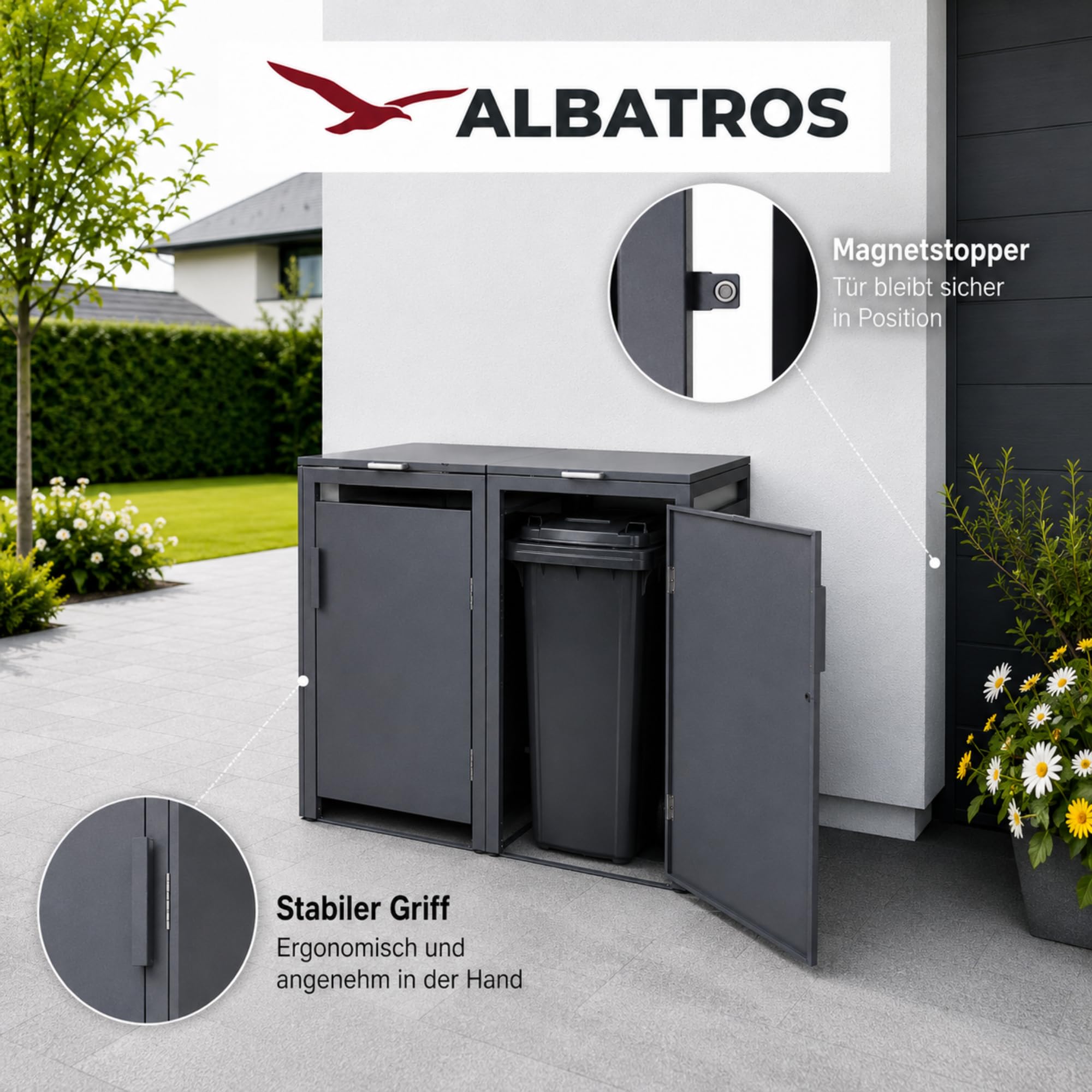 ALBATROS Mülltonnenbox 2er Hauswandversion, 120L bis 240L, für Zwei Tonnen, verzinktes Metall RAL7016 Anthrazit, offene Rückseite, bessere Belüftung, wetterfest, verstellbare Füße