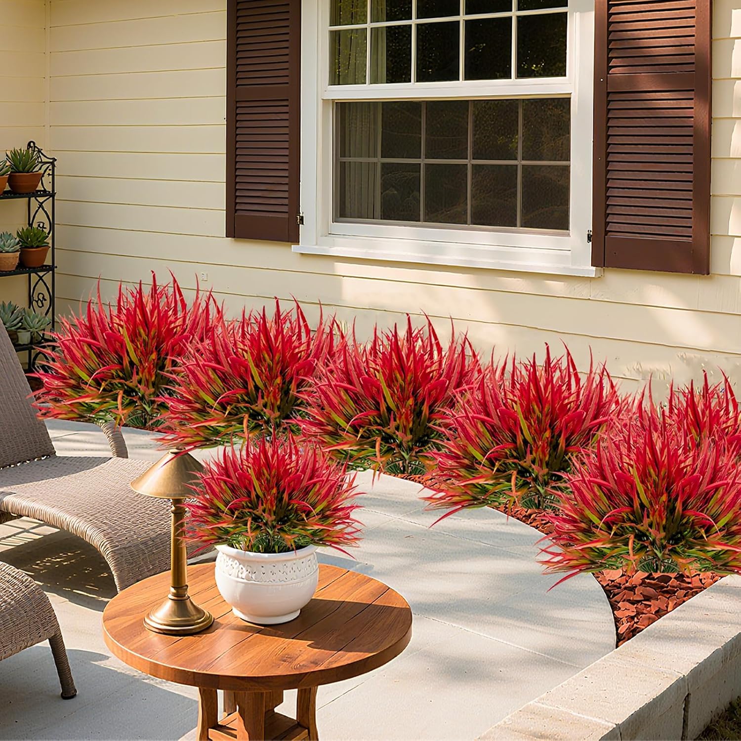 Artificial Outdoor Plants, 16 Bundles UV Resistant Fake Grass, Deep Red Faux Greenery Shrubs for Garden, Porch, Window Box