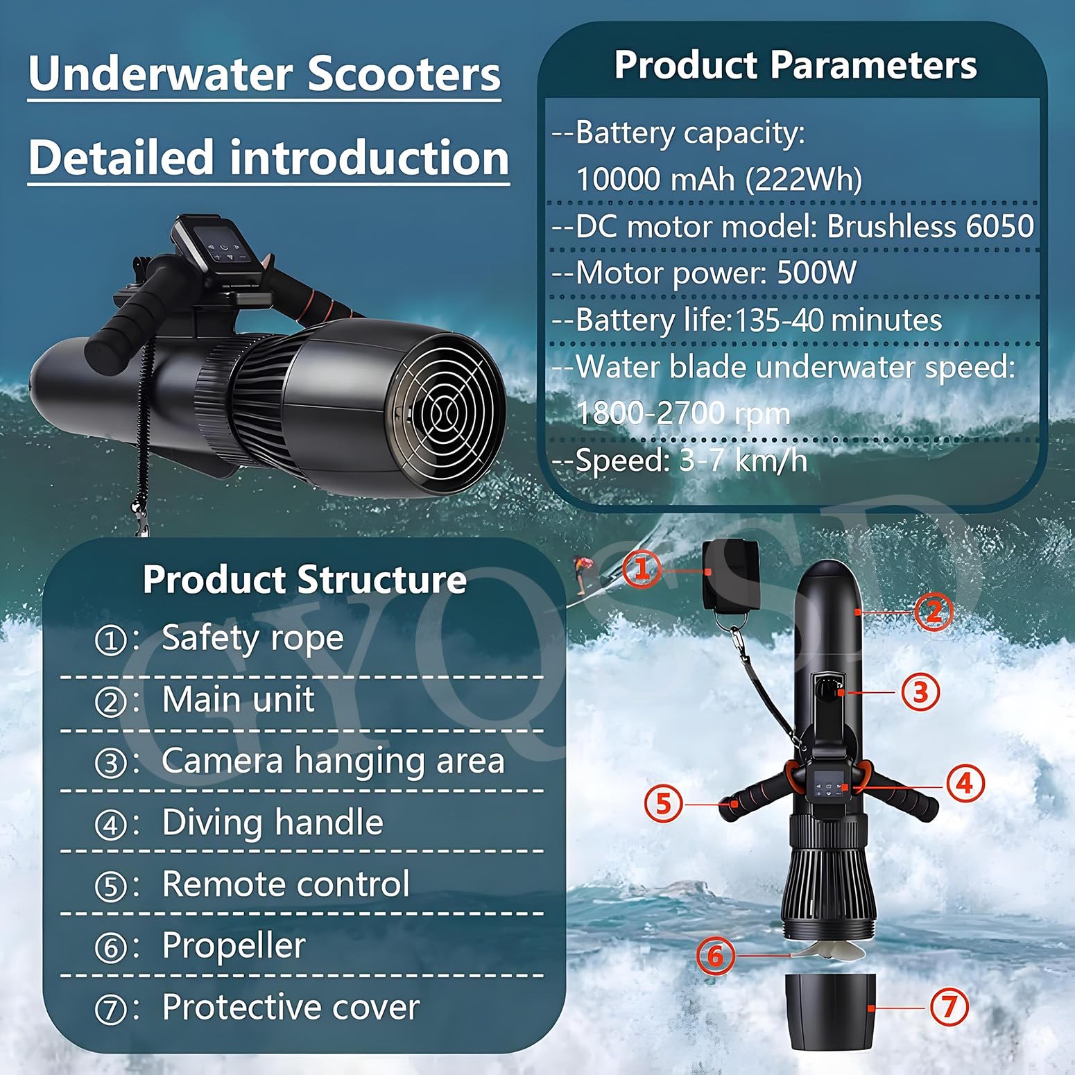 Scooter Submarino Eléctrico 500 W, 50 Minutos De Buceo, Potenciadores De Natación, Accesorios Para Tabla De Paddle Surf De 10 Km/H, Motor Para Tabla De Surf Eléctrica, Velocidad Ajustable,10000mAh