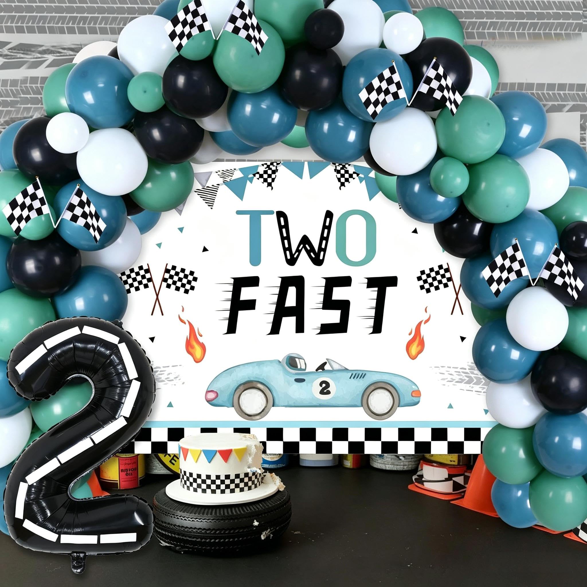 Due decorazioni di compleanno veloci Boy Vintage - Kit ghirlanda di palloncini con due sfondi veloci, palloncini in lamina a scacchi, forniture per feste di compleanno retrò Let's Go Racing