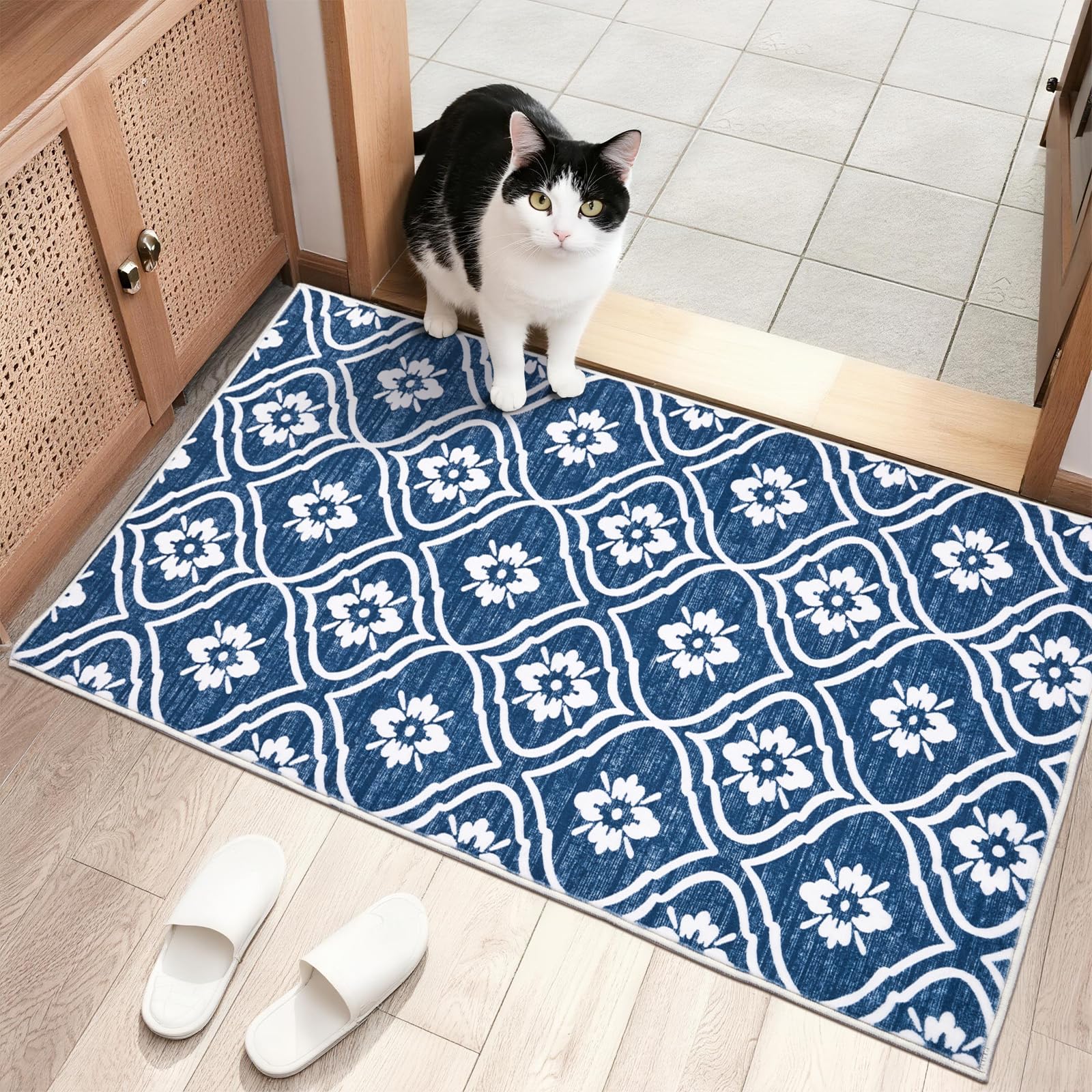 Puremy Waschbarer Kleiner Küchenteppich 60X100cm, Fussmatte Innen, Ultradünner Teppiche Mit Marokkanischem Muster, Schmutzabweisend Für Flur, Kinderzimmer, Waschküche, Schlafzimmer, Blau