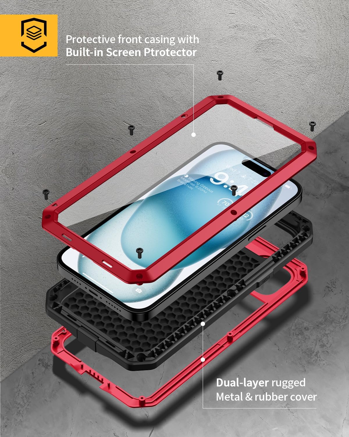Lanhiem for iPhone 15 Metal Case, Heavy Duty Shockproof Tough Rugged Case with Built-in Glass Screen Protector, 360 Full Body DustProof Protective Cover for iPhone 15 6.1", Red