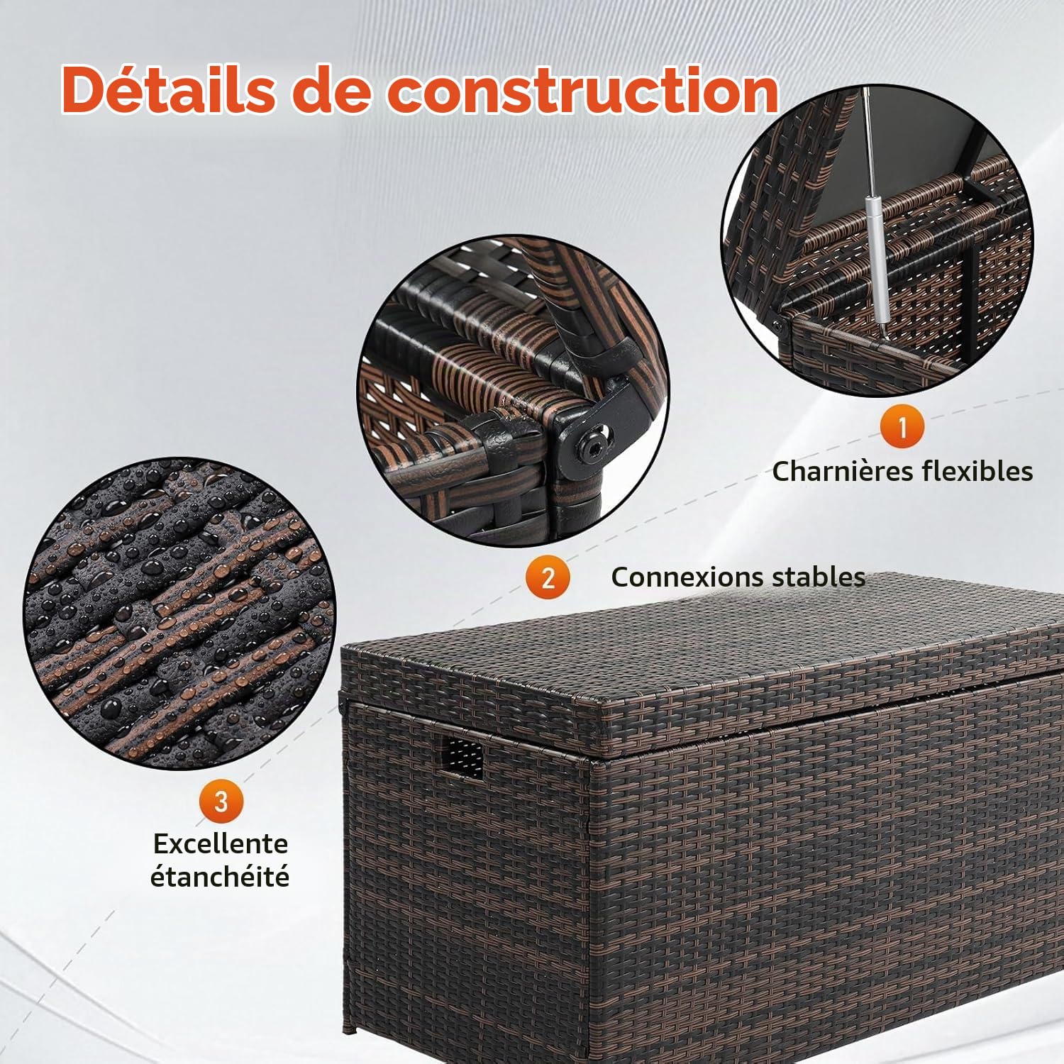 Coffre de jardin en polyrotin avec couvercle, étanche, 500 l, avec charnière flexible, résistant aux UV, résistant à la rouille, grande capacité, dégradé de couleur marron