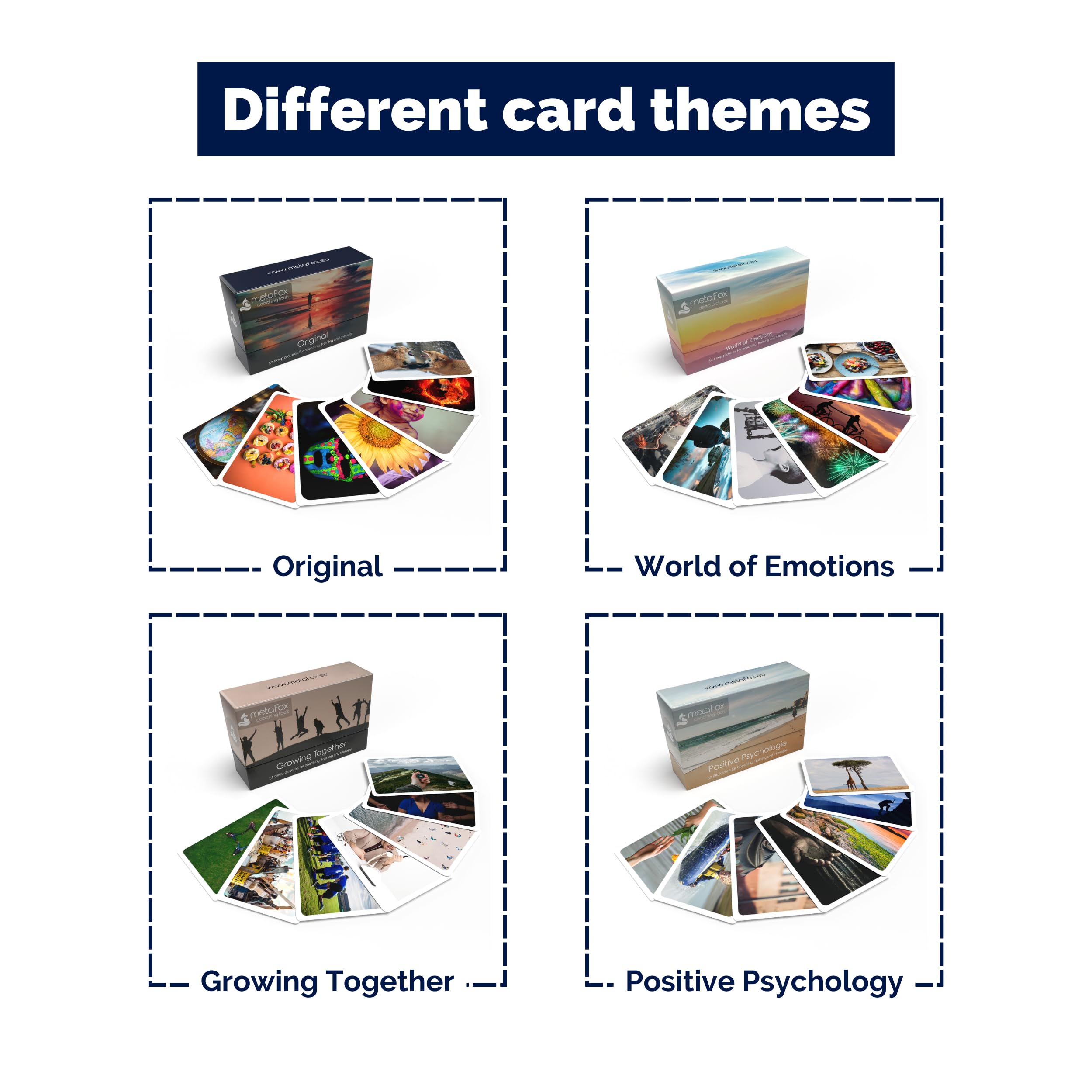 metaFox - Coaching Karten - Bildkarten Set zum Thema Positive Psychologie - Impulskarten für Coaching, Therapie & Workshops - Motivationskarten zur Reflexion, als Coaching Tools & Therapie Tools