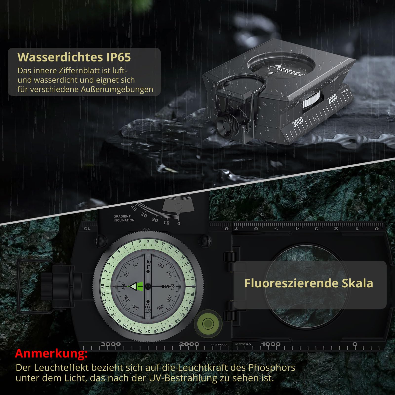 Anbte Kompass Militär mit Klinometer Professioneller Marschkompass IP65 Compass mit Tragetasche Wasserdicht Navigation Compass für Jagd Camping Wandern Outdoor-Aktivitäten