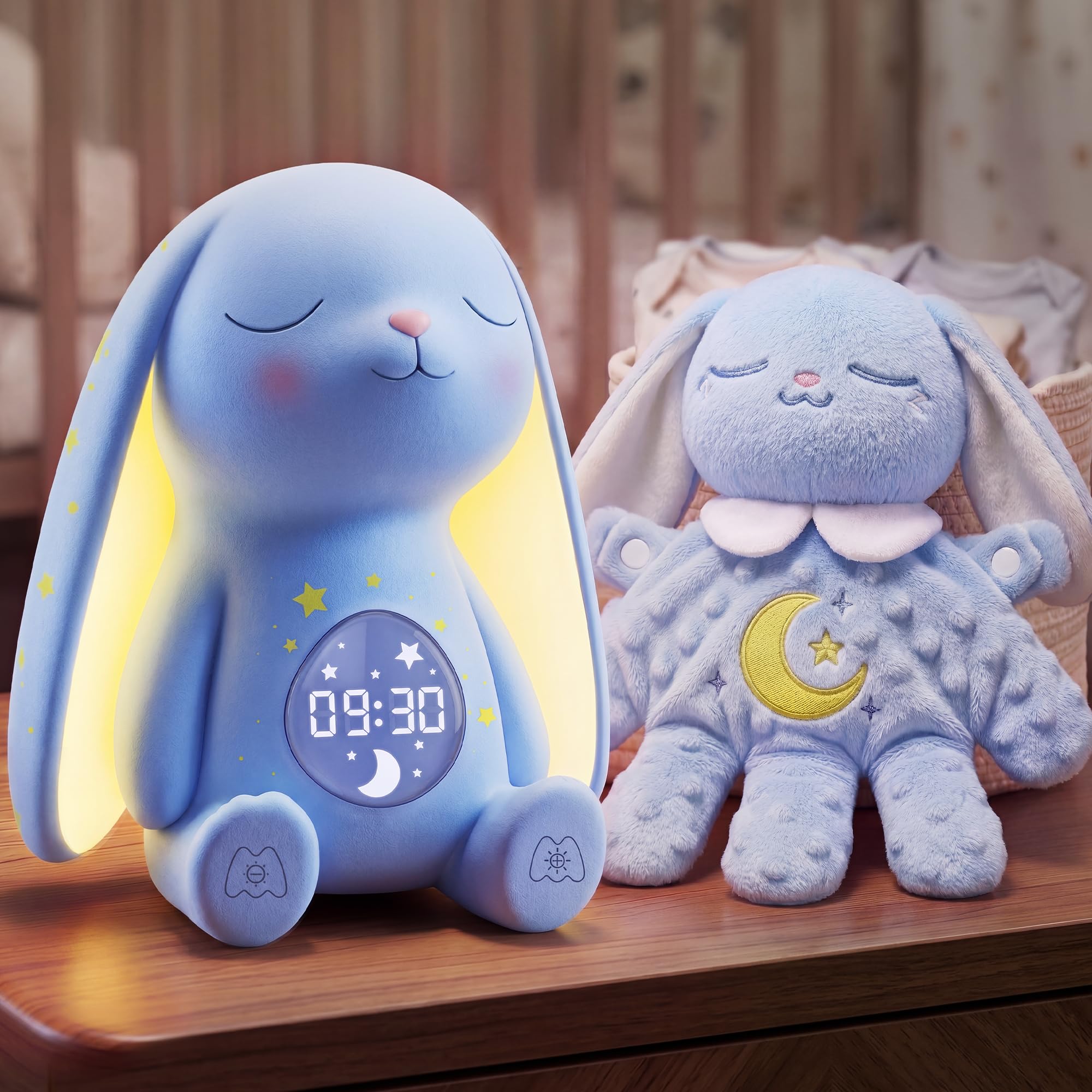 Bunny Baby Comfort Bundle : comprend une machine sonore à bruit blanc (contrôle par application) et une tétine pour bébé (télécommande) avec détection de pleurs avec sons et tapotements doux, cadeaux