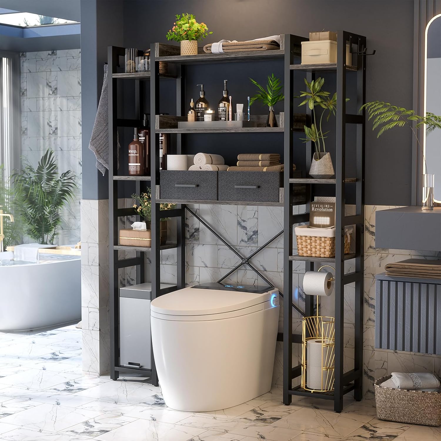 Besiost Over The Toilet Storage with 2 Drawers - 11 Tier Bathroom Organizer Freestanding Space Saver Storage Rack with Adjustable Shelf Above Toilet Stand with 4 Hooks for Restroom, Laundry, Grey Oak