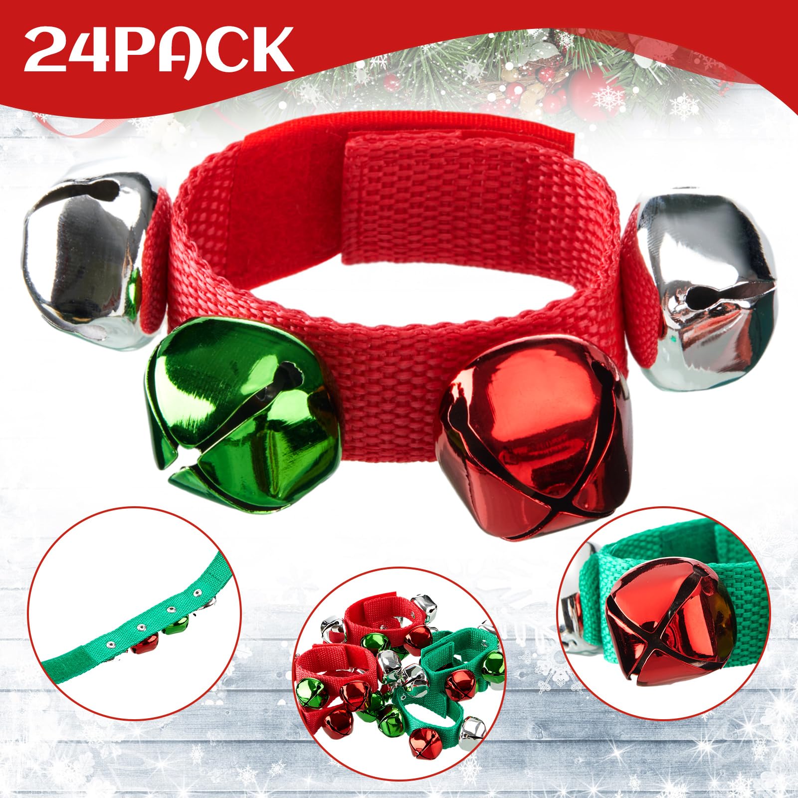Remuuly 24 Pcs Christmas Band Wrist Bells Bracelets Jingle Musical Shaking Ankle Bells Instruments Adjustable Bells Percussion Rhythm Hand Bells for Adults Xmas Gift Party Favors Decorations