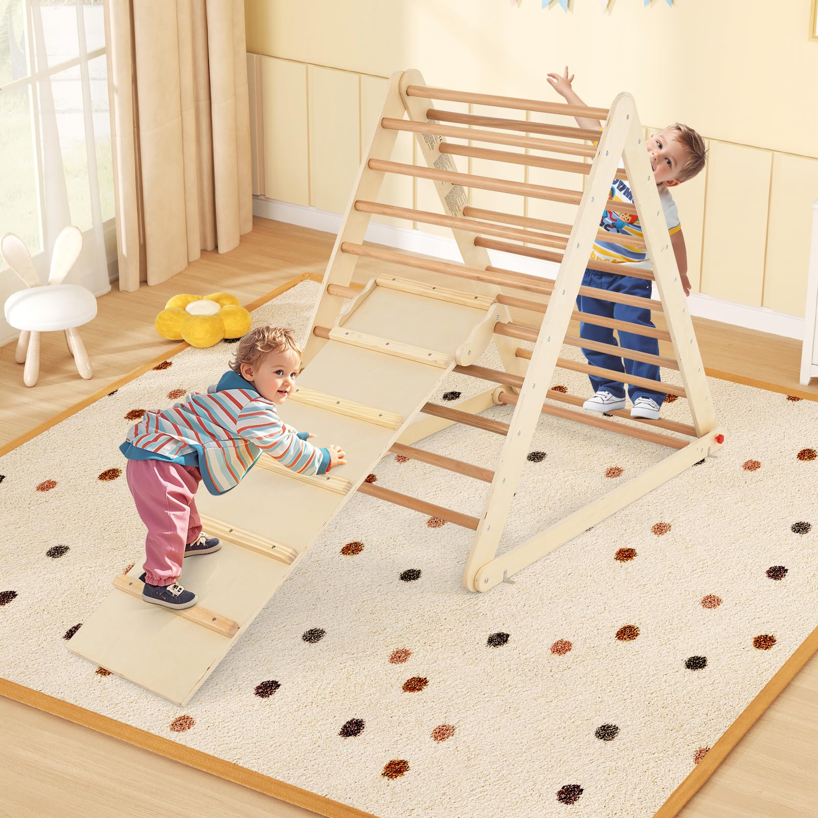 DREAMADE Kletterdreieck mit Rampe, klappbar Kletterspielzeug Holzdreieck aus Massivholz, Indoor Klettergerüst für Kinder ab 3 Jahren (Natur)