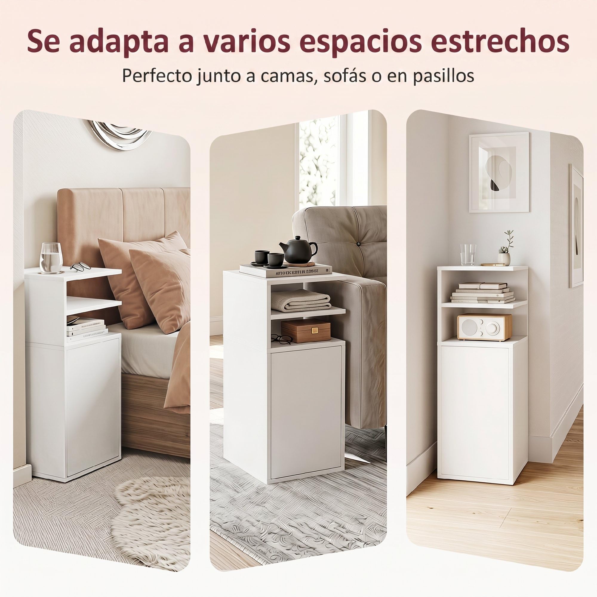 HOMCOM Juego de 2 Mesitas de Noche Estrechas para Dormitorio Blanco | con Puerta, Compartimentos Abiertos, Mesa Auxiliar para Salón, Espacios Reducidos, 25x30x60 cm