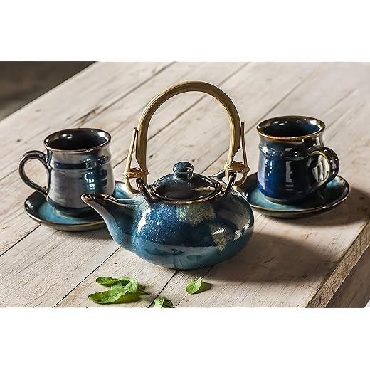Mrid Cera Studio Pottery Ceramic Tableware Beautiful Serving Tea Pot(Kettle) & Tea Cup & Saucer (620ml, 250ml Blue)
