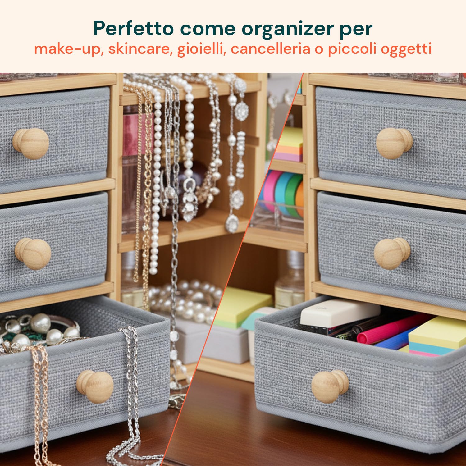 Avilia - Organizer Scrivania in Bambù Salvaspazio con Cassetti e Ripiani Regolabili Impermeabili, Organizzatore Scrivania Multiuso per Ufficio e Bagno, con Struttura Compatta e Design Moderno