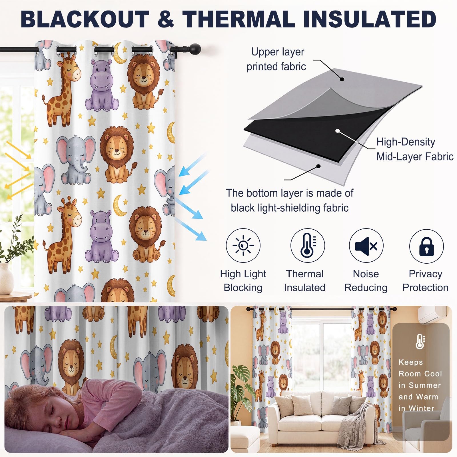 Dessin Animé Rideaux Thermiques à Œillets pour Chambre Enfant Salon
