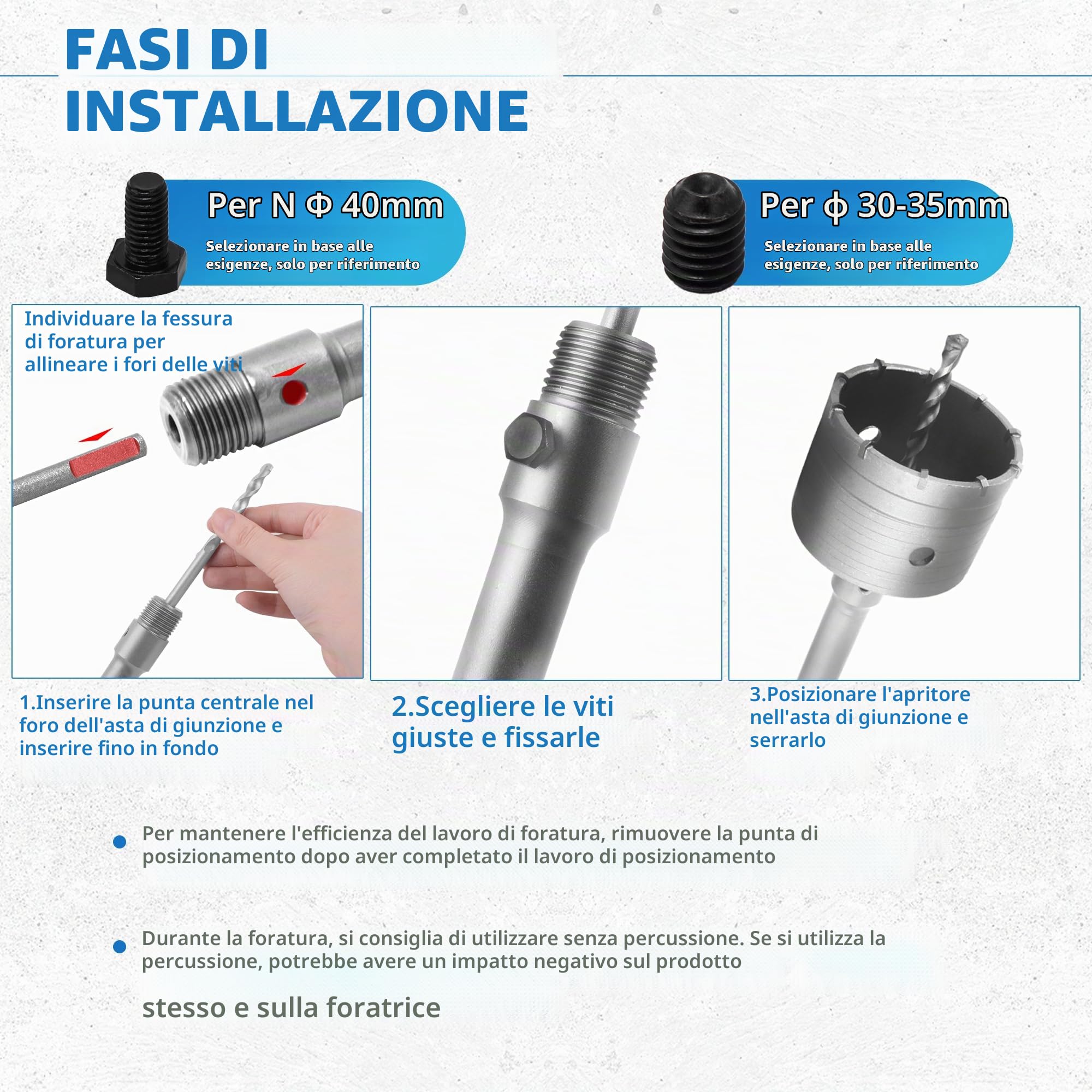 Set di 5 Carotatrice a Tazza Muro per Cemento SDS PLUS Set Seghe a Tazza Trapano Per Mattoni 30/40/50 mm con Impugnatura Rotonda da 350mm e Punte di Centraggio da 110mm per Muratura e Calcestruzzo