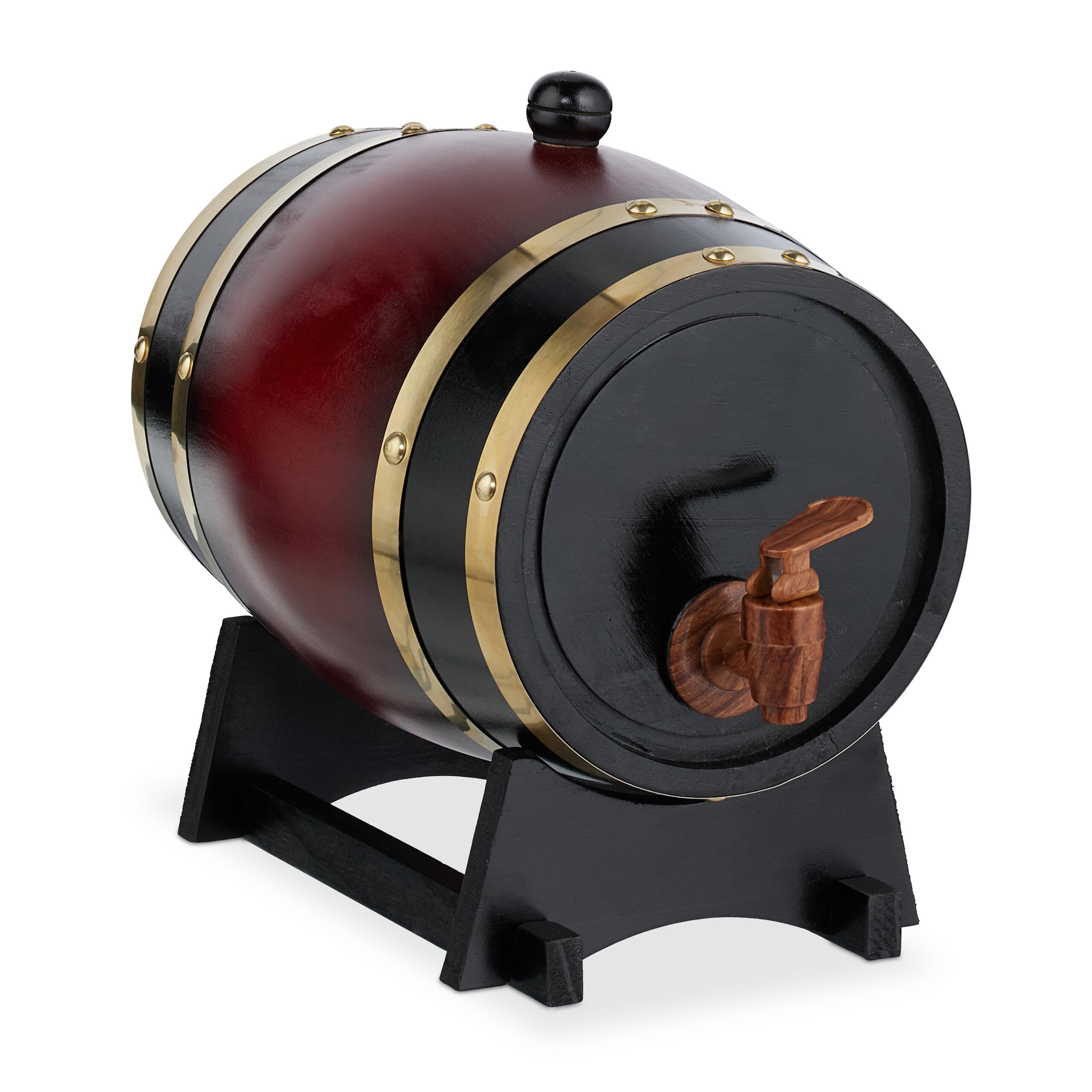 Relaxdays Barril Madera con Grifo y Base, Barrica 2,2 l, Dispensador de Whisky, Vino, Sidra, Licores, Negro/Rojo
