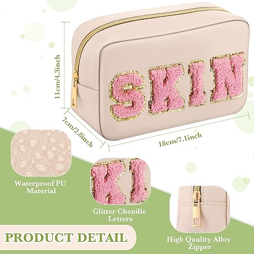 Miniatura 4 de Sanwuta Bolsa de chenilla para maquillaje, bolsa de maquillaje, con letras de chenilla, bolsa de aseo de piel sintética, impermeable, portátil,