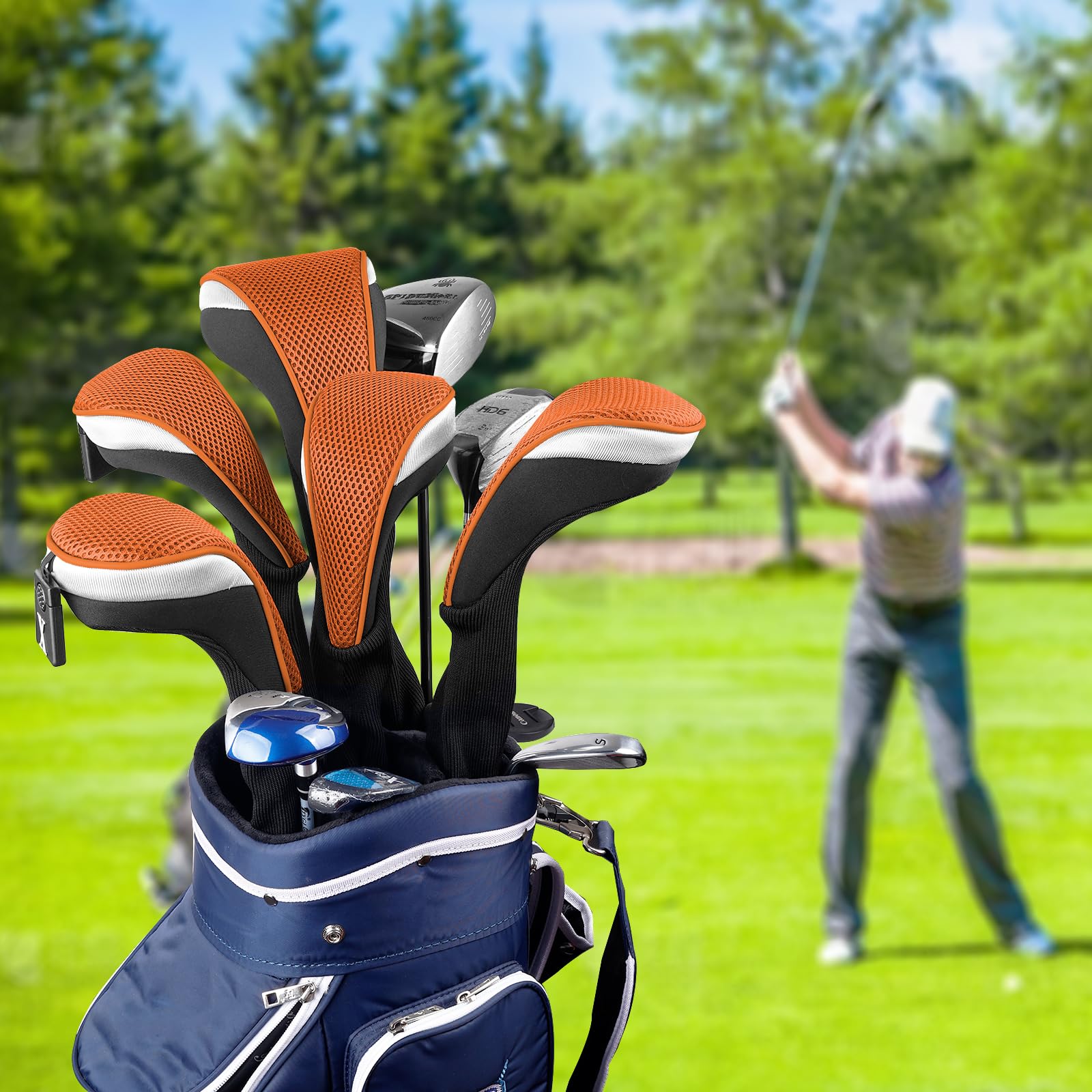 Andux Golfschlägerhauben für Golfschläger 460 cc, Fairwayholz, Langer Hals, Schwarz/Orange, 5 Stück