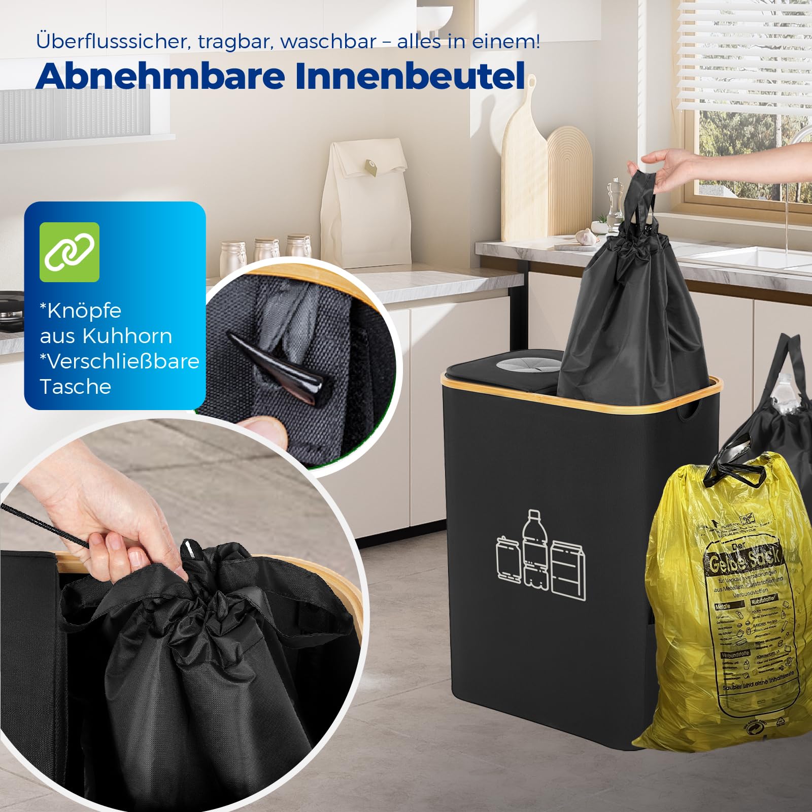 Gelber Sack Ständer 2-in-1 160L Mülleimer mit Deckel für 60L-120L Gelber Sack, Müllsystem für Küche & Haushalt - Schwarz