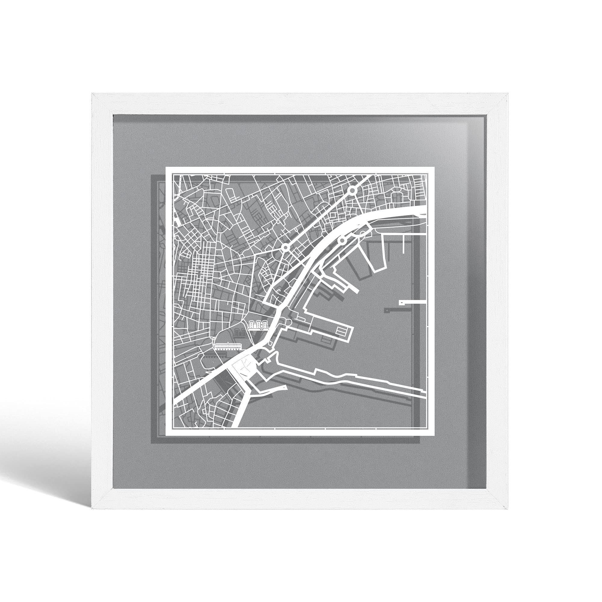 O3 DESIGN STUDIO Naples Paper Cut Map framed, White map, White frame, 23x23 cm, Gift Boxed, 4 background color, self-changing, Paper Art