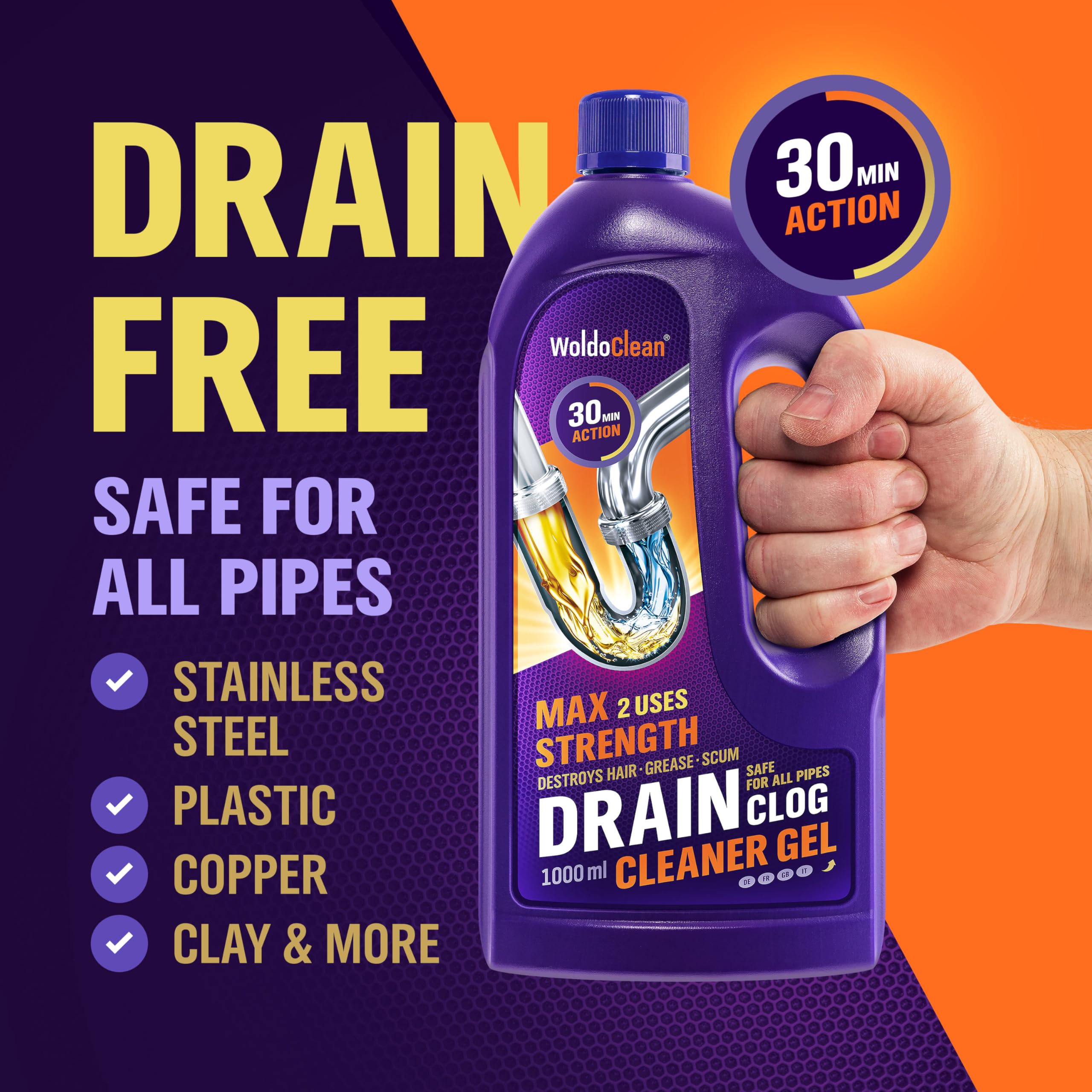WoldoClean Gel Stura Lavandini e Scarichi 1000ml - Idraulico Liquido Disgorgante Professionale contro Capelli e Grasso, per Doccia e Lavandino, Penetra nell'Acqua Stagnante