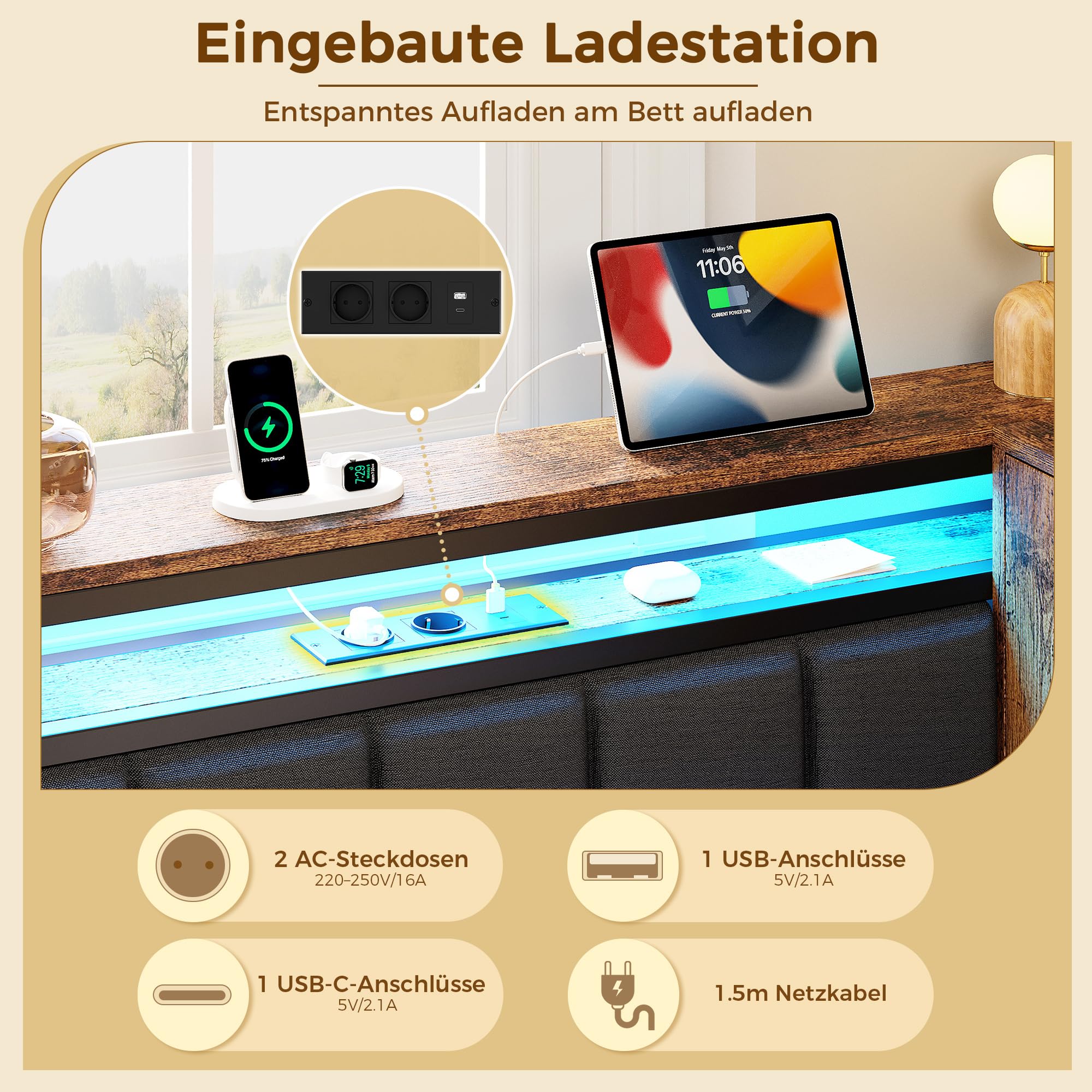 IRONCK Polsterbett Schlafsofa 90x200 mit LED, Bett mit Ladestation | Tagesbett Jugendbett mit Steckdosen, USB & USB-C, Bettgestell Gästebett mit 2 Schubladen und Lattenrost aus Metall