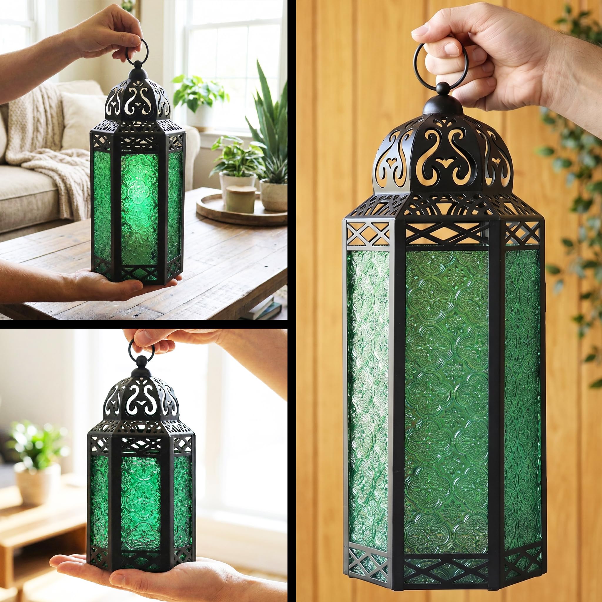 Vela Lanterns Juego de 3 faroles portavelas marroquíes Decorativos para Suelo, decoración de Ramadán, decoración Interior del hogar, Patio al Aire Libre o Porche, Halloween, Bodas, Verde