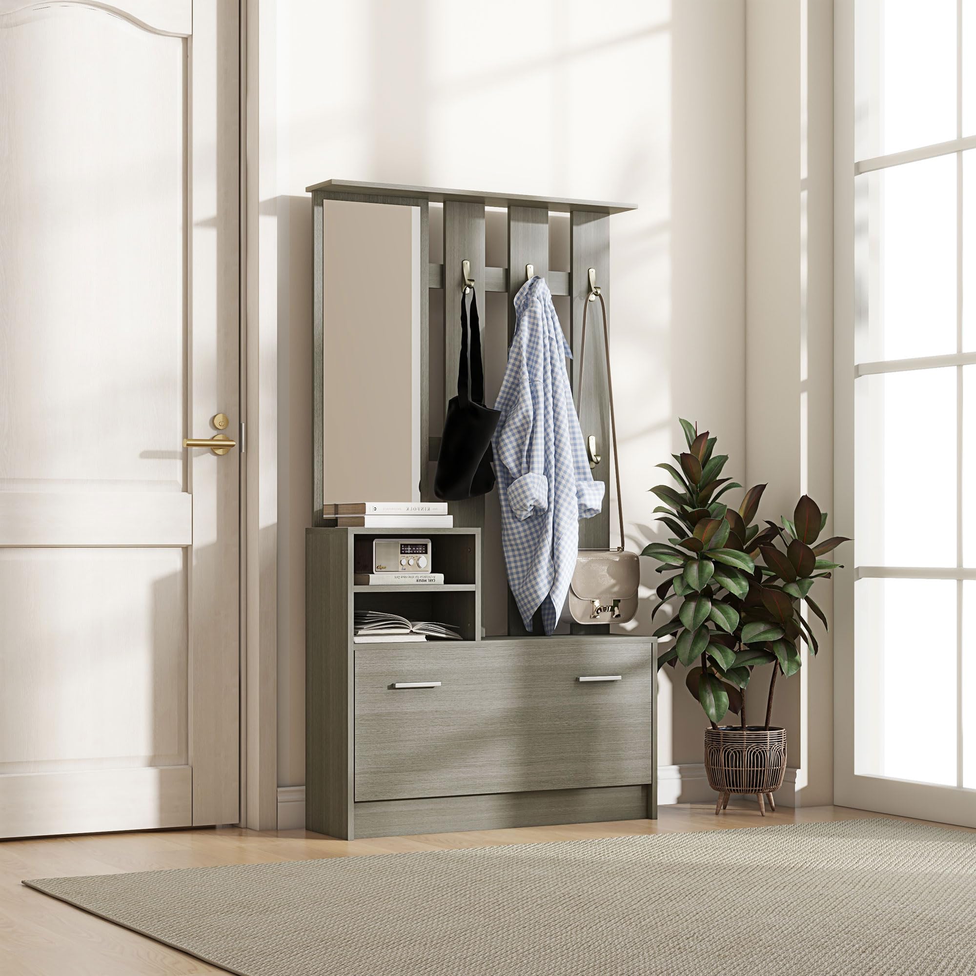 HOMCOM Set 4 in 1 Mobili da Ingresso con Appendiabiti, Specchio, Panca con Scaffale e Scarpiera per 8 Paia di Scarpe, Grigio