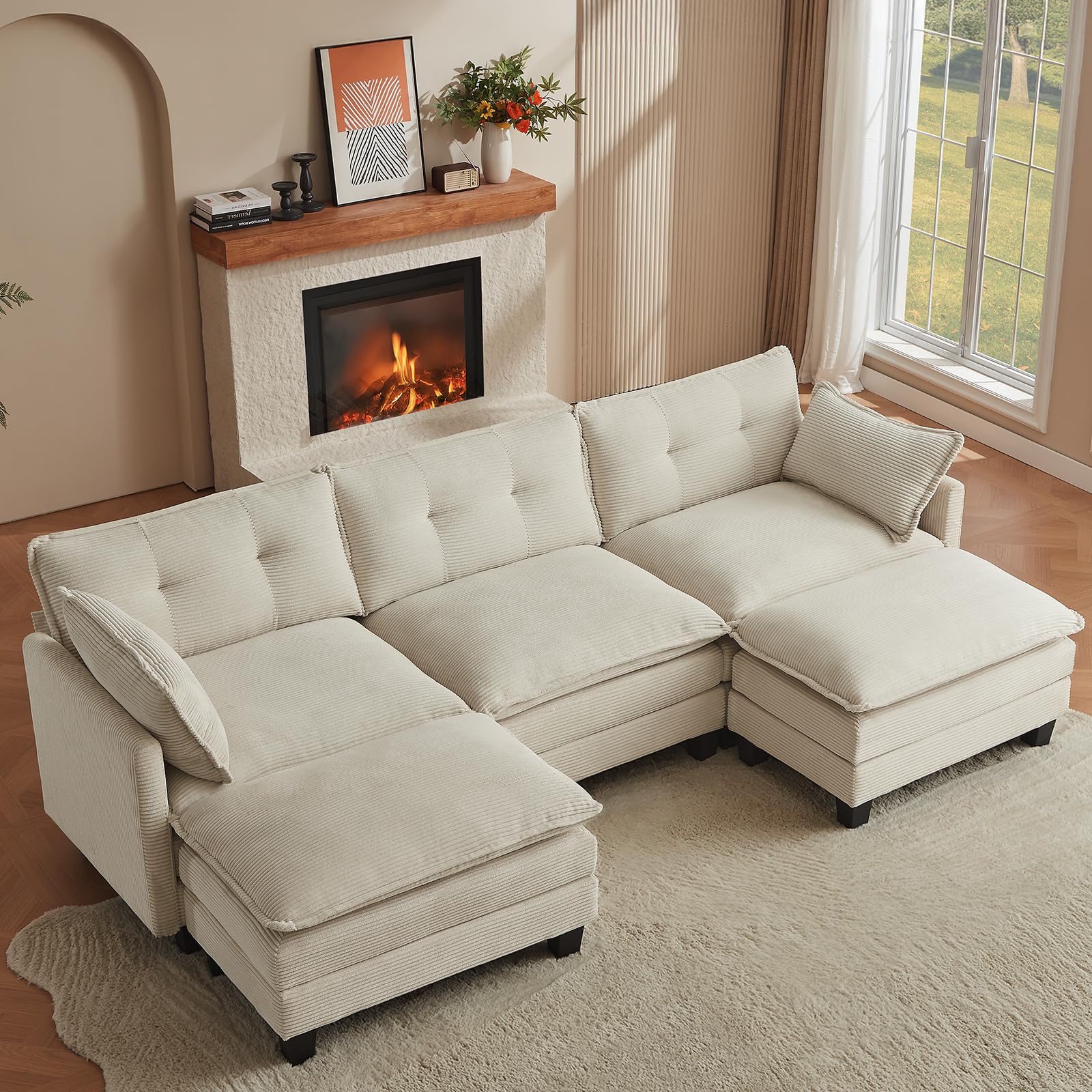 modular sectional sofa, 111.5" u-shaped corduroy comfy sectional couches for living room, 3-seater cloud couches with 2 movable ottomans, flexible combination modern deep seat sofa (left arm chair and ottoman only)