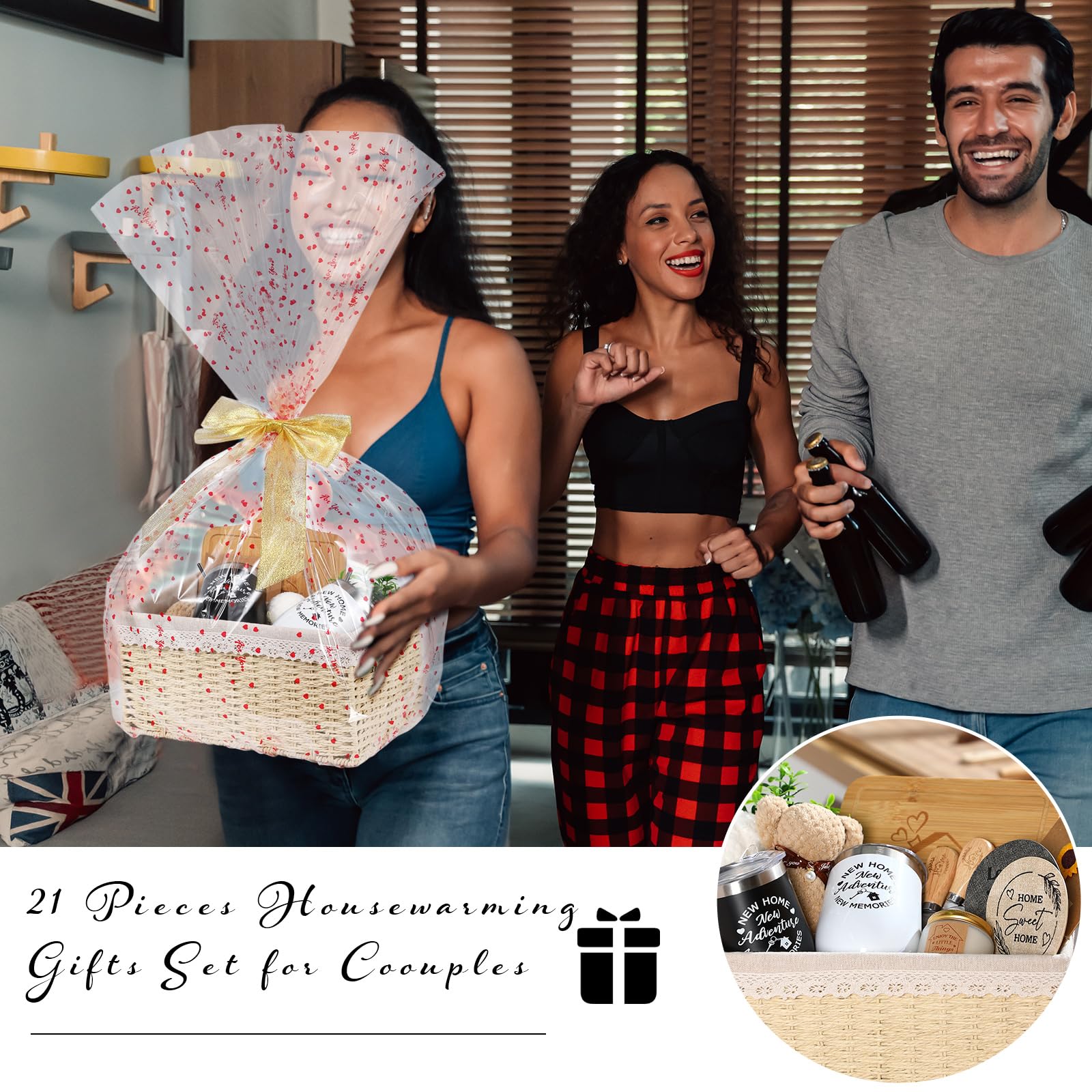 Cesta de regalo de inauguración de la casa, 21 piezas, regalos de inauguración de la casa para el nuevo hogar, apartamento, hogar, regalos de cierre para compradores de vivienda, parejas