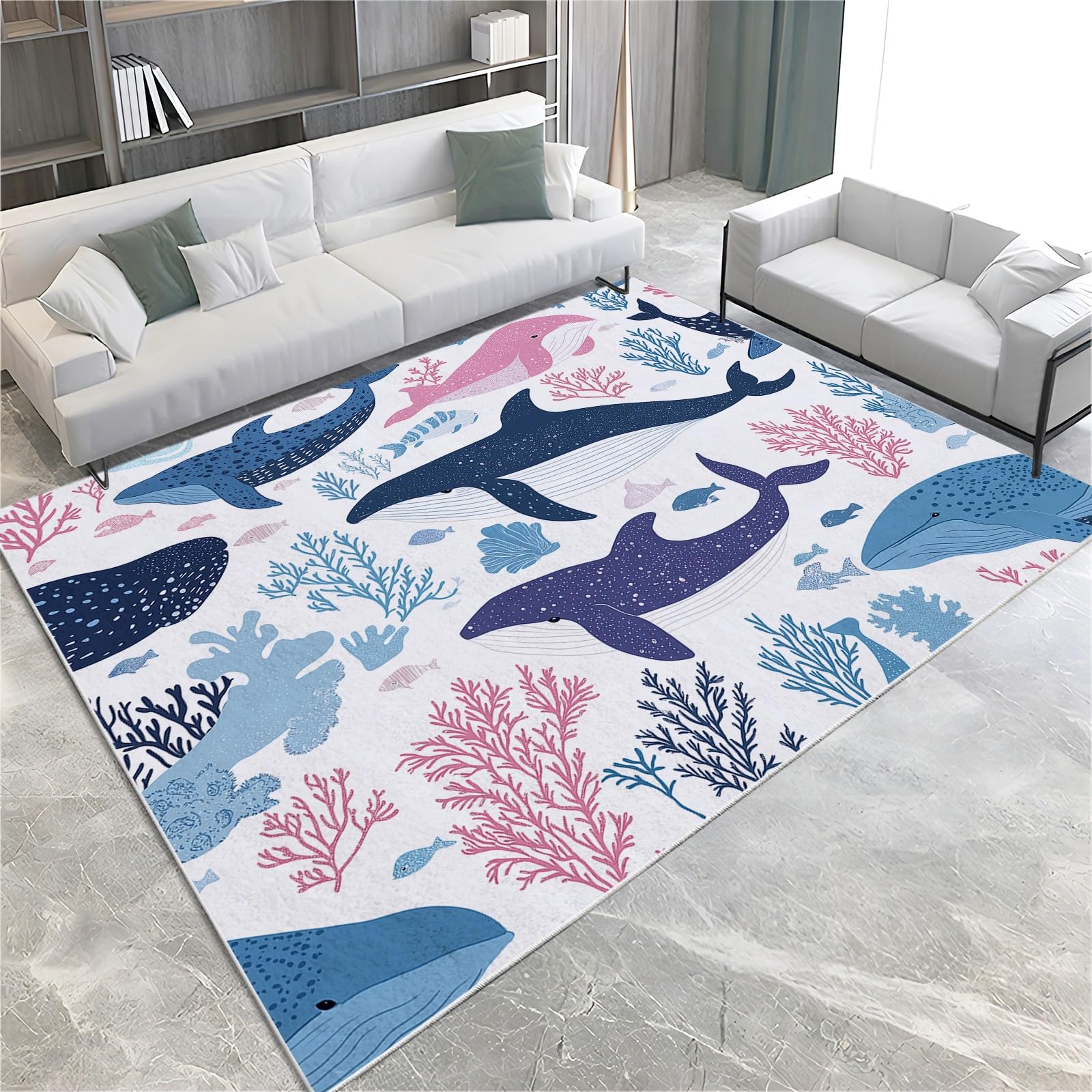 Générique Tapis Intérieur 80x150cm Thème Océan Baleine Tapis Salon Lavable, Tapis de Chambre Moderne à Poil Ras, Antidérapant et Résistant, Tapis Sol Décor À La Maison