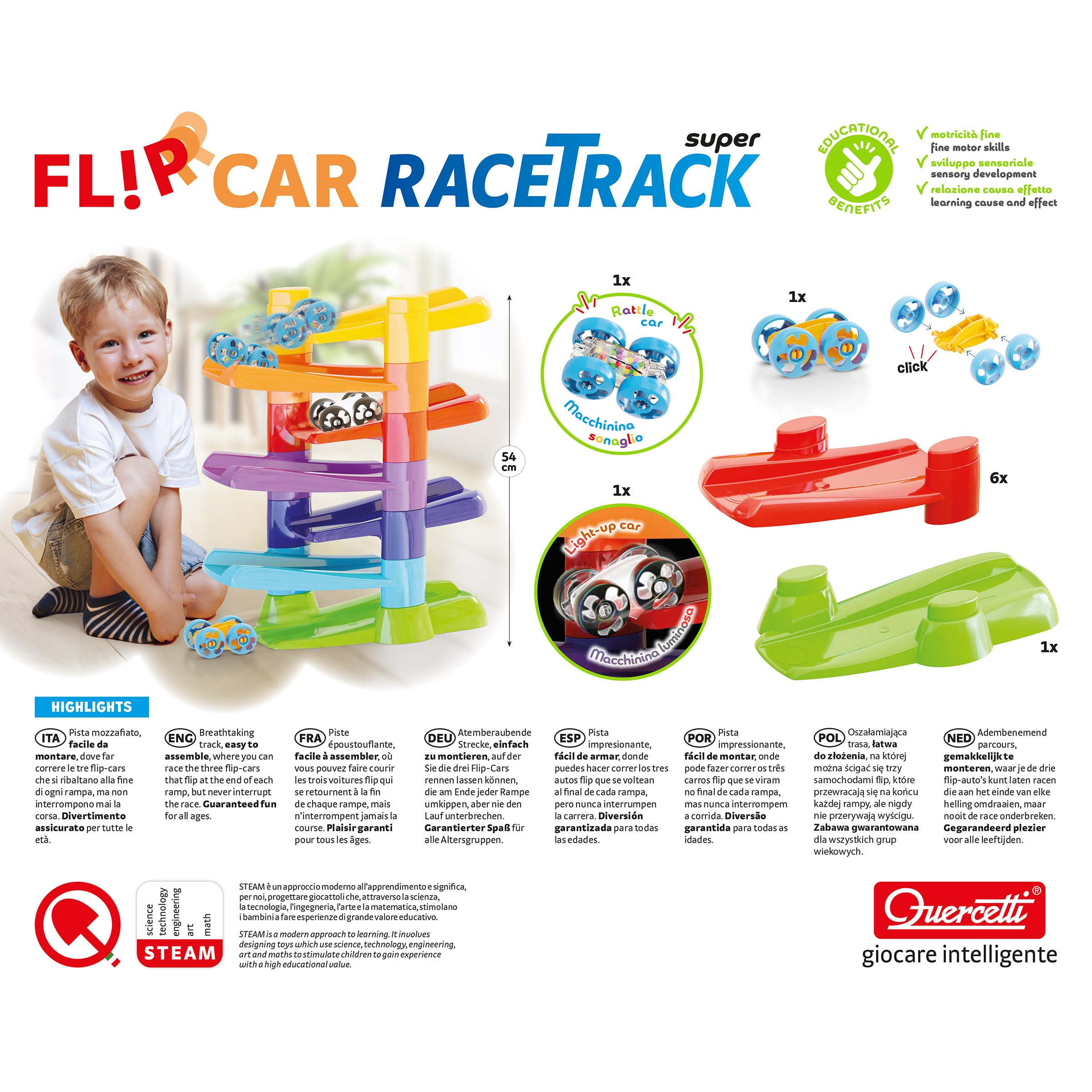 QUERCETTI 06497 Flip Car Race Track, Pista Biglie Per Bambini, Gioco Educativo e Creativo 18mesi+ con 7 Rampe e 3 Flip-Car per Sviluppare Coordinazione e Motricità Fine, Made in Italy