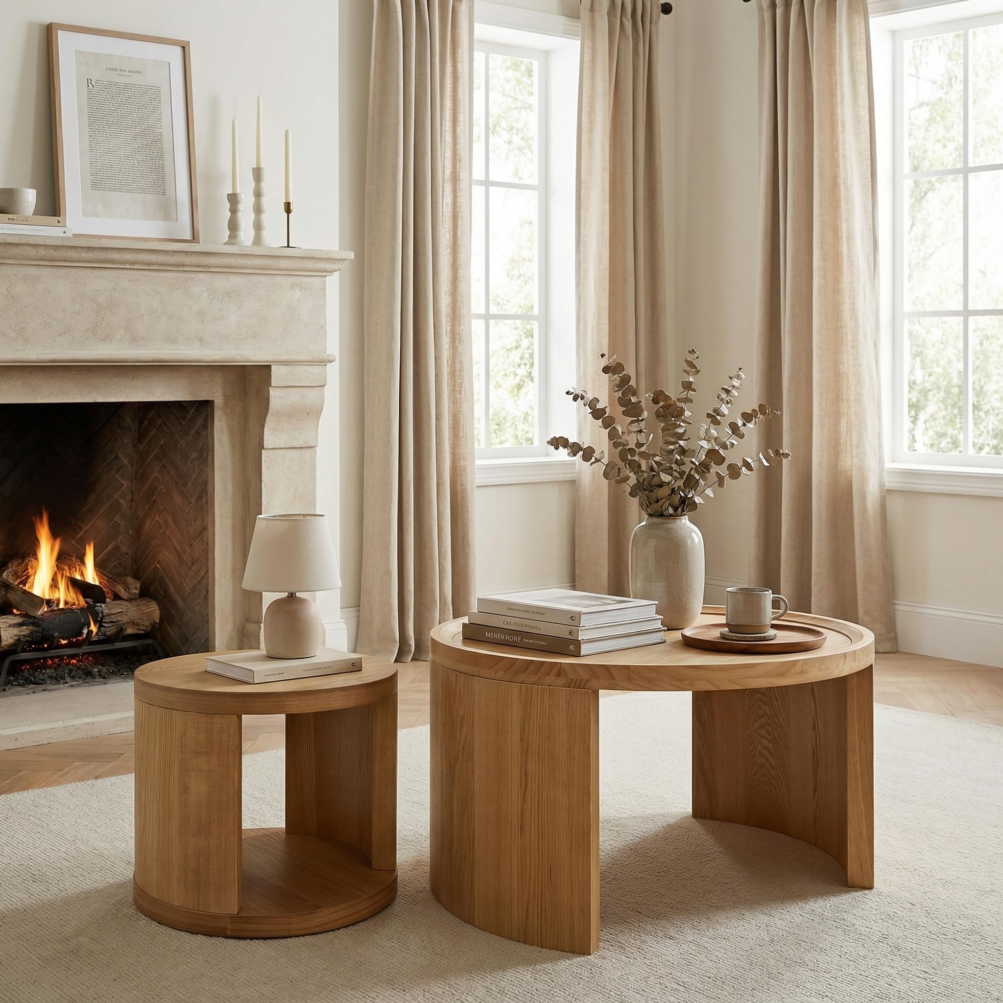 Table Basse Lot de 2 Ronde Bois, Table Gigogne Ronde avec Rangement, Tables Basses, Table de Salon Rondes & Table d’Appoint, Table Basse Salon Moderne en Bois, Ø80+Ø46cm, Blanc